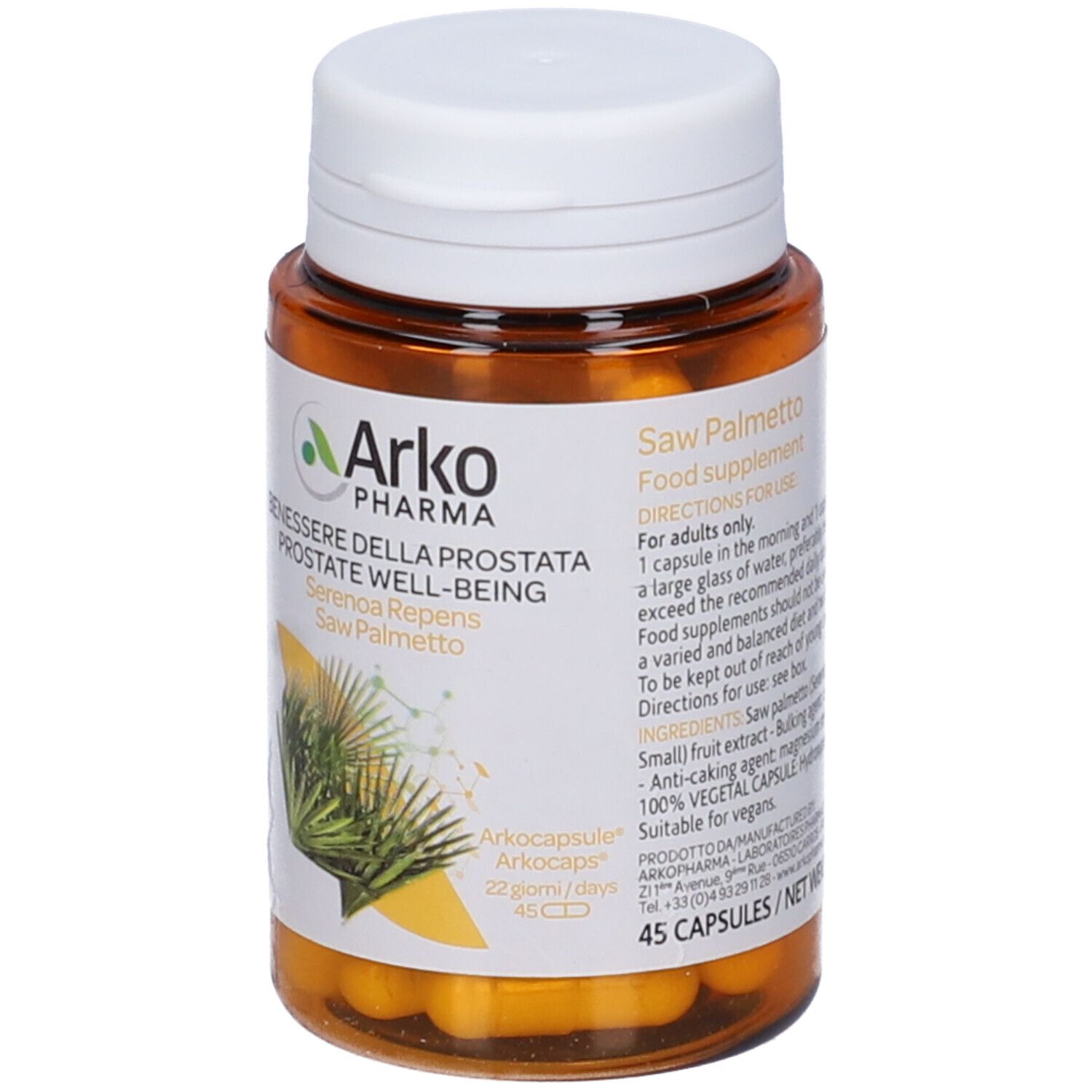 Flacone marrone, tappo bianco. Logo Arkopharma, Serenoa Repens, 45 capsule. Capsule gialle visibili.
