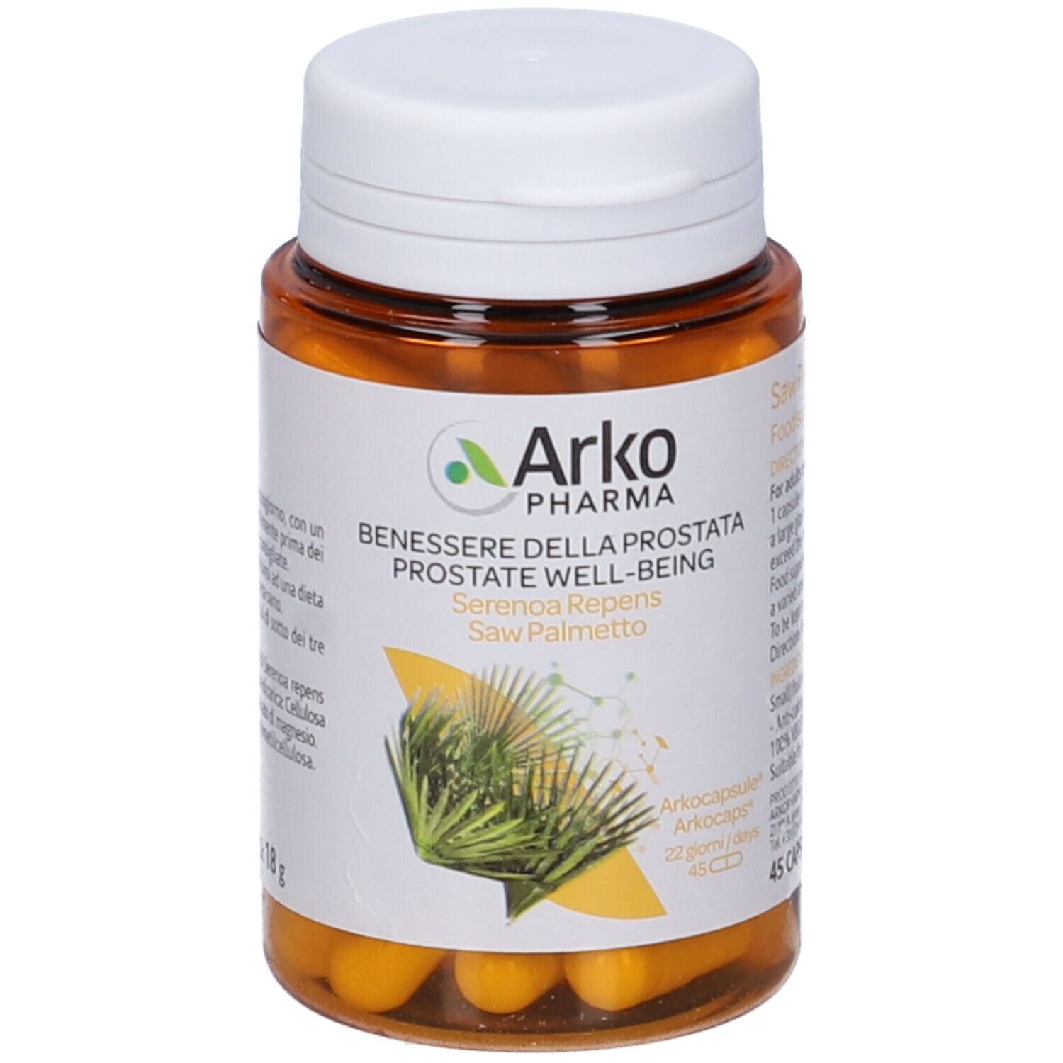 Flacone marrone, tappo bianco. Logo Arkopharma, Serenoa Repens, 45 capsule. Capsule gialle visibili.