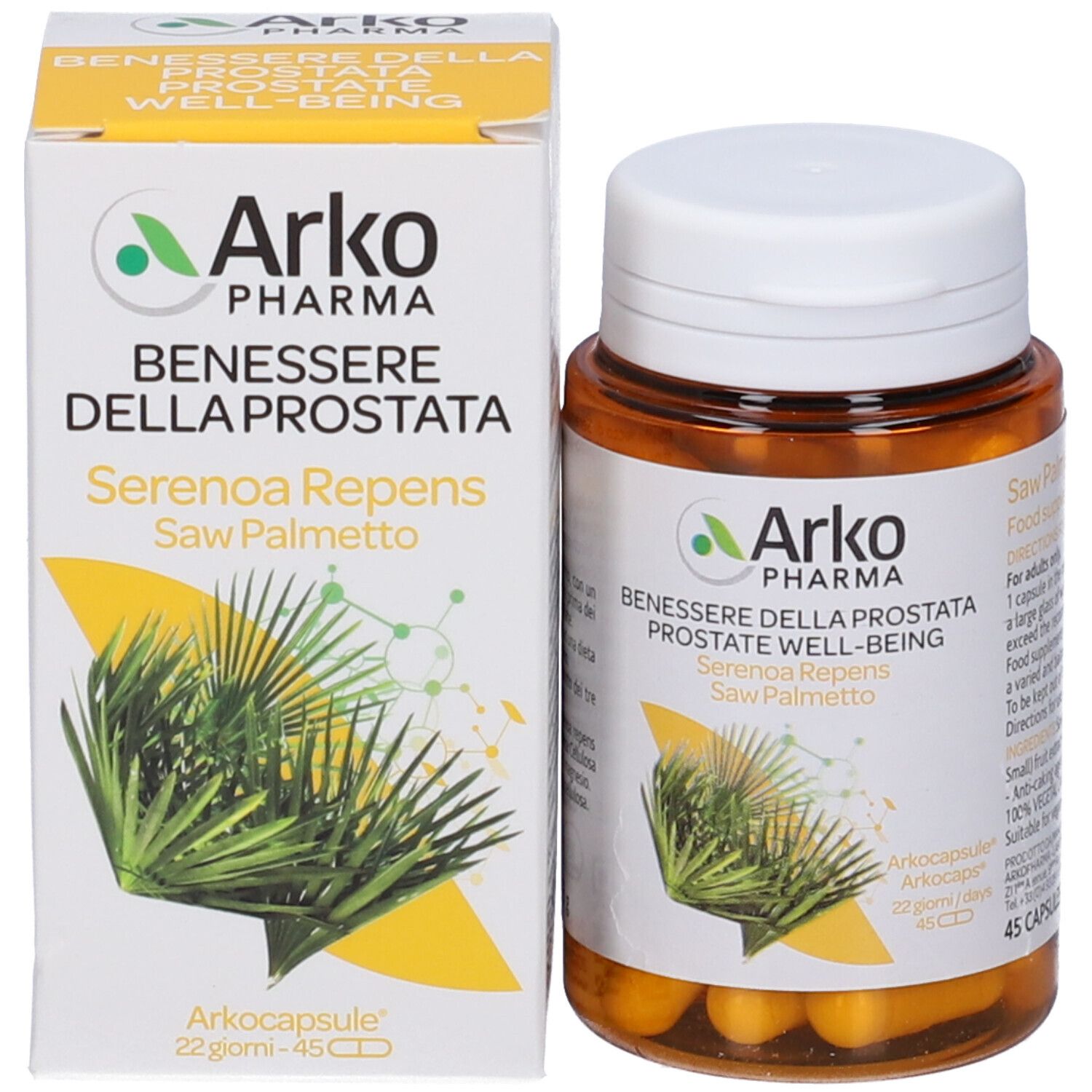 Flacone marrone e scatola. Logo Arkopharma, Serenoa Repens, 45 capsule. Capsule gialle visibili.