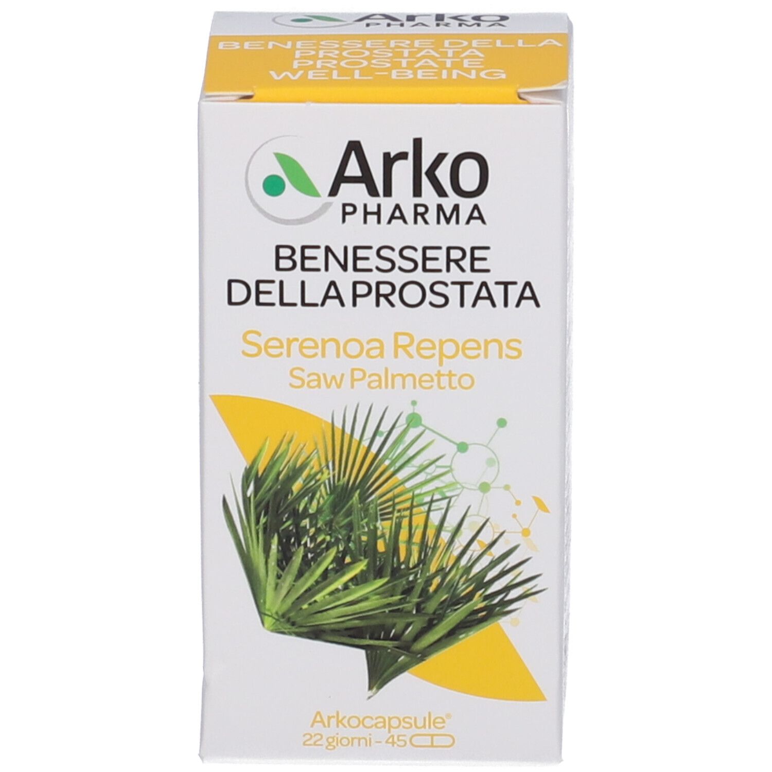 Scatola bianca Arkopharma, Serenoa Repens, 'Arkocapsule'. Logo verde.