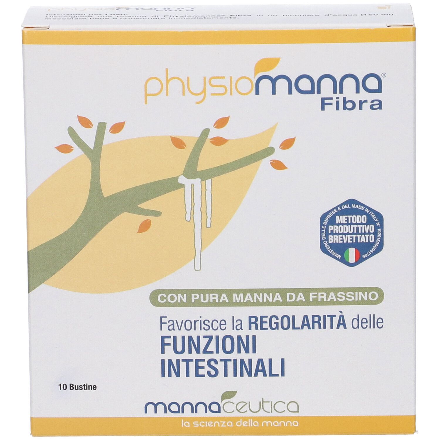 Confezione del prodotto. Scatola giallo-bianca con nome e testo del prodotto. Contiene 10 bustine.