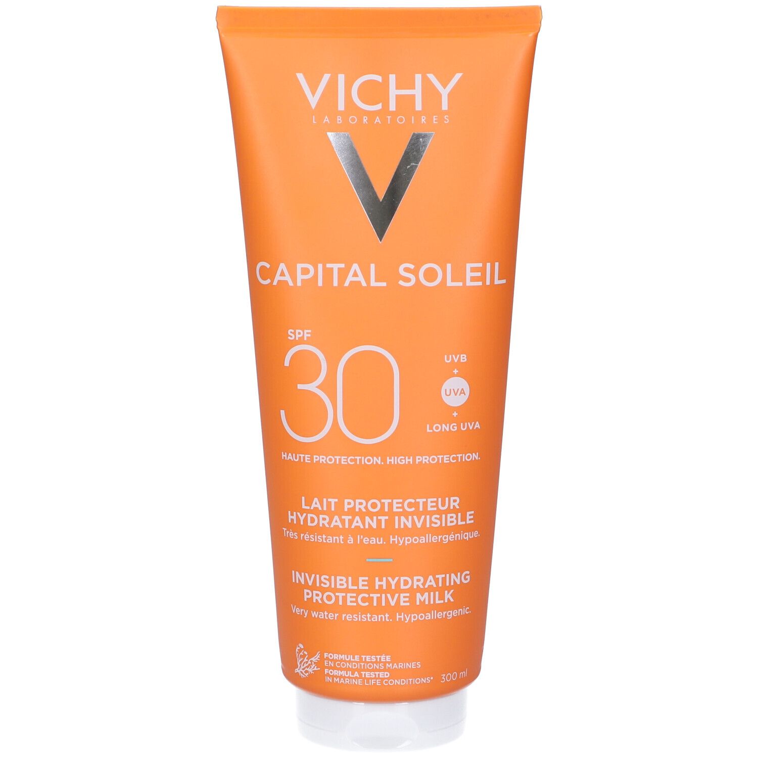 Tubo di latte solare arancione con tappo bianco. Scritta: VICHY Capital Soleil SPF 30. UVA/UVB.