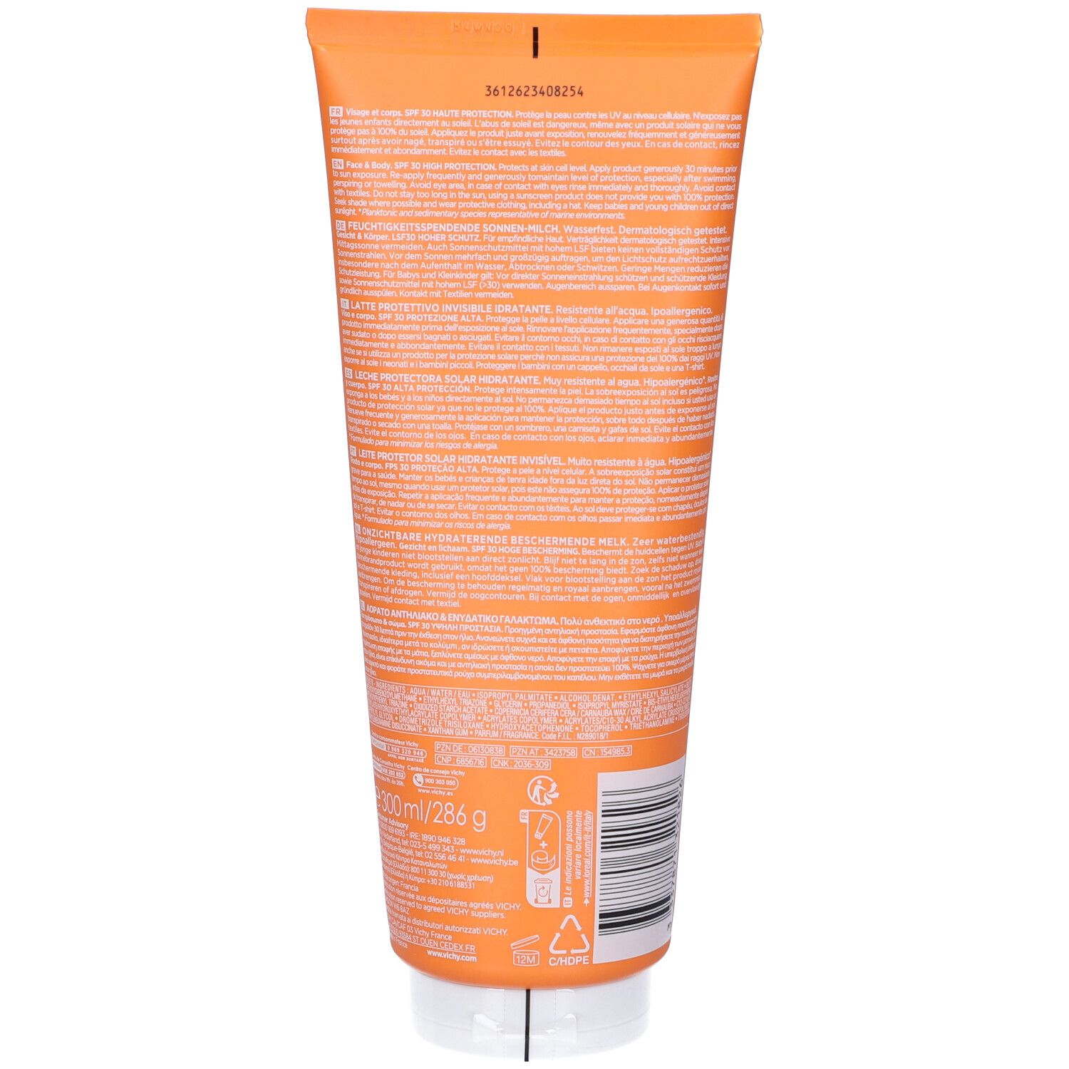 Retro di un tubo di latte solare arancione. Testo multilingue, codice a barre e informazioni.