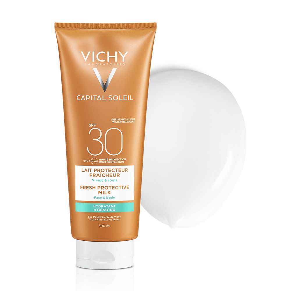 Tubo di latte solare arancione con una goccia di latte solare bianco accanto. Scritta: VICHY Capital Soleil SPF 30.