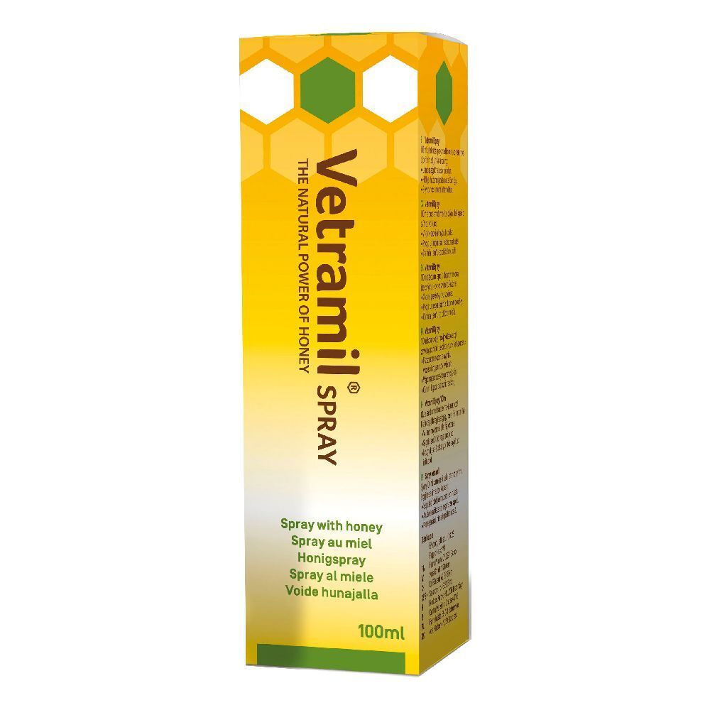 Confezione gialla con sfondo bianco. Scritta: Vetramil Spray. Design a nido d'ape. 100ml.