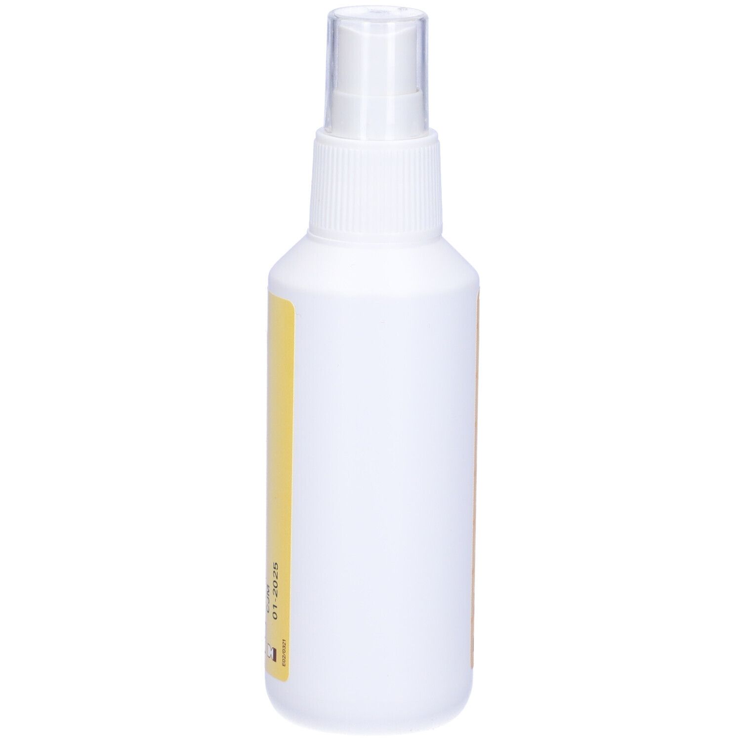 Flacone spray bianco con etichetta gialla. Scritta: Vetramil. Design a nido d'ape. Testina spray trasparente.