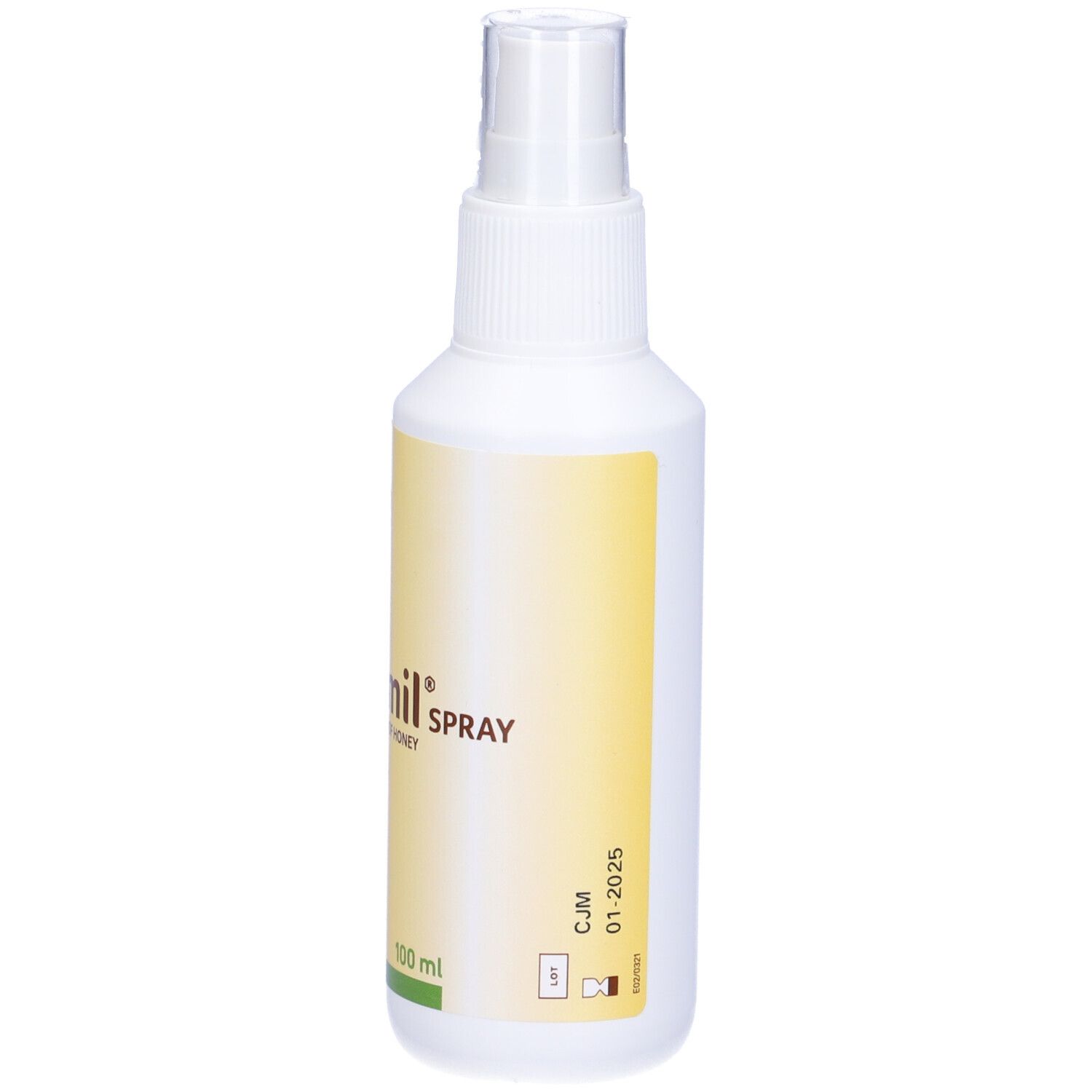 Flacone spray bianco con etichetta gialla. Scritta: Vetramil. Design a nido d'ape. Testina spray trasparente.