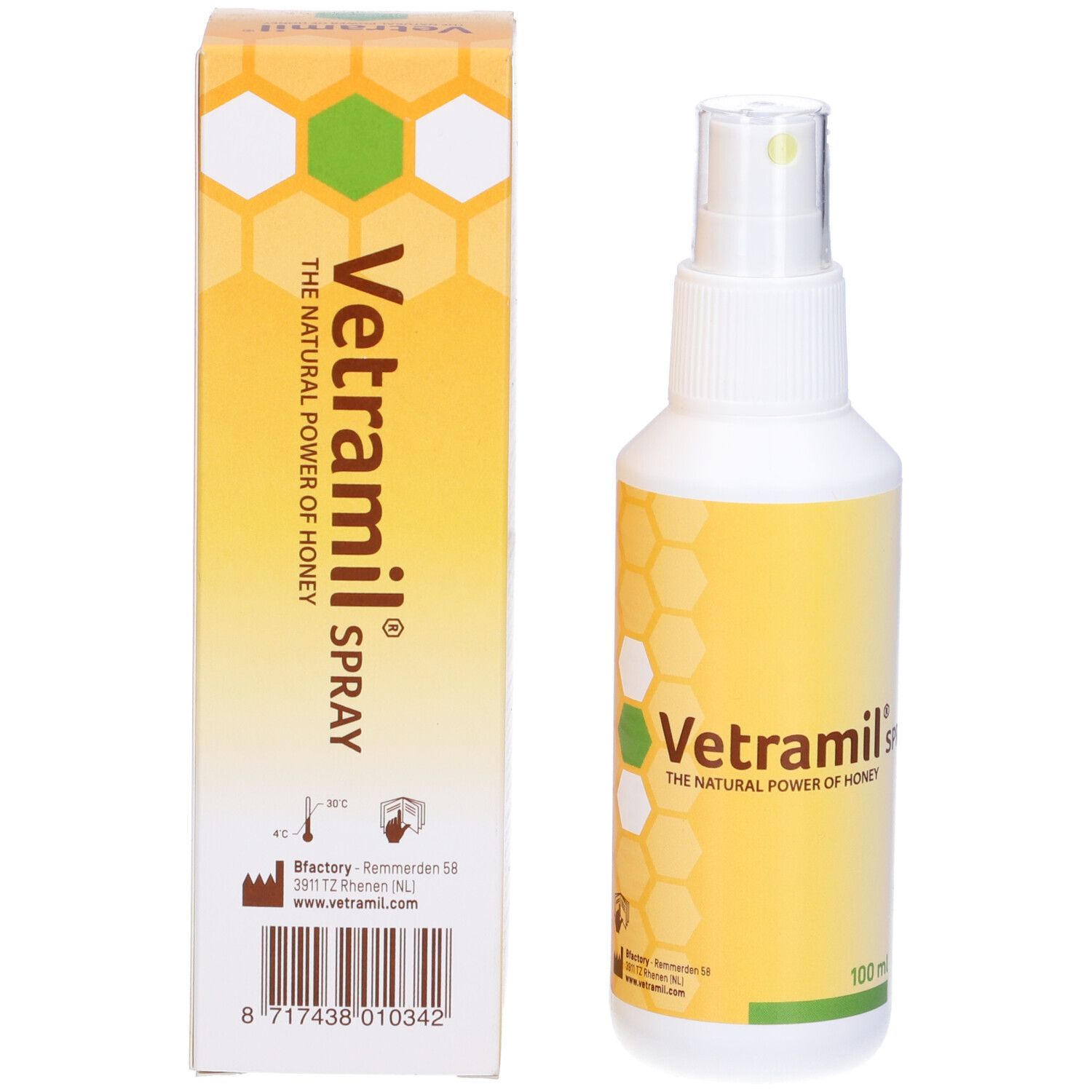 Flacone spray bianco e confezione. Scritta: Vetramil Spray. Design a nido d'ape. Testina spray trasparente.