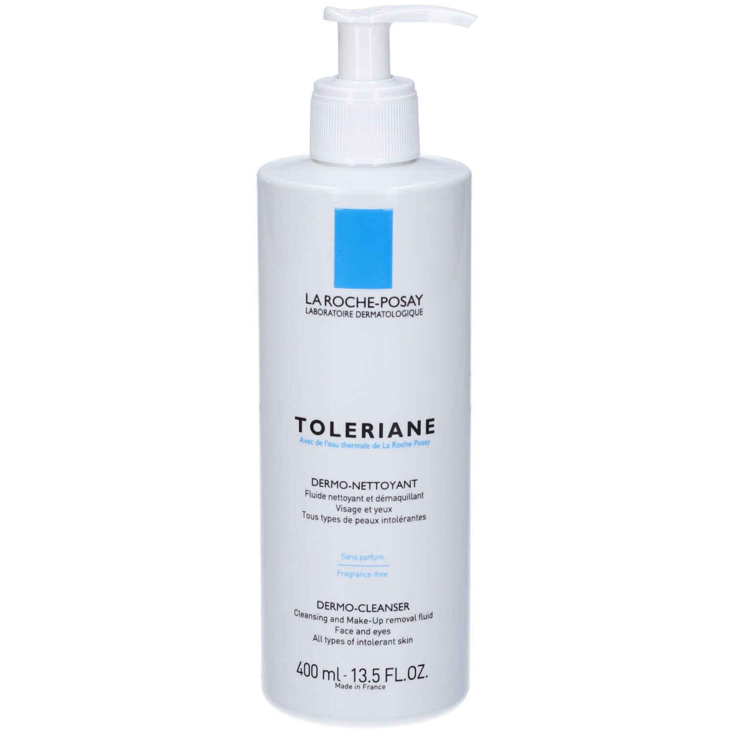 Flacone bianco con quadrato blu. Scritte: LA ROCHE-POSAY, Toleriane, Dermo-Nettoyant. 400 ml.