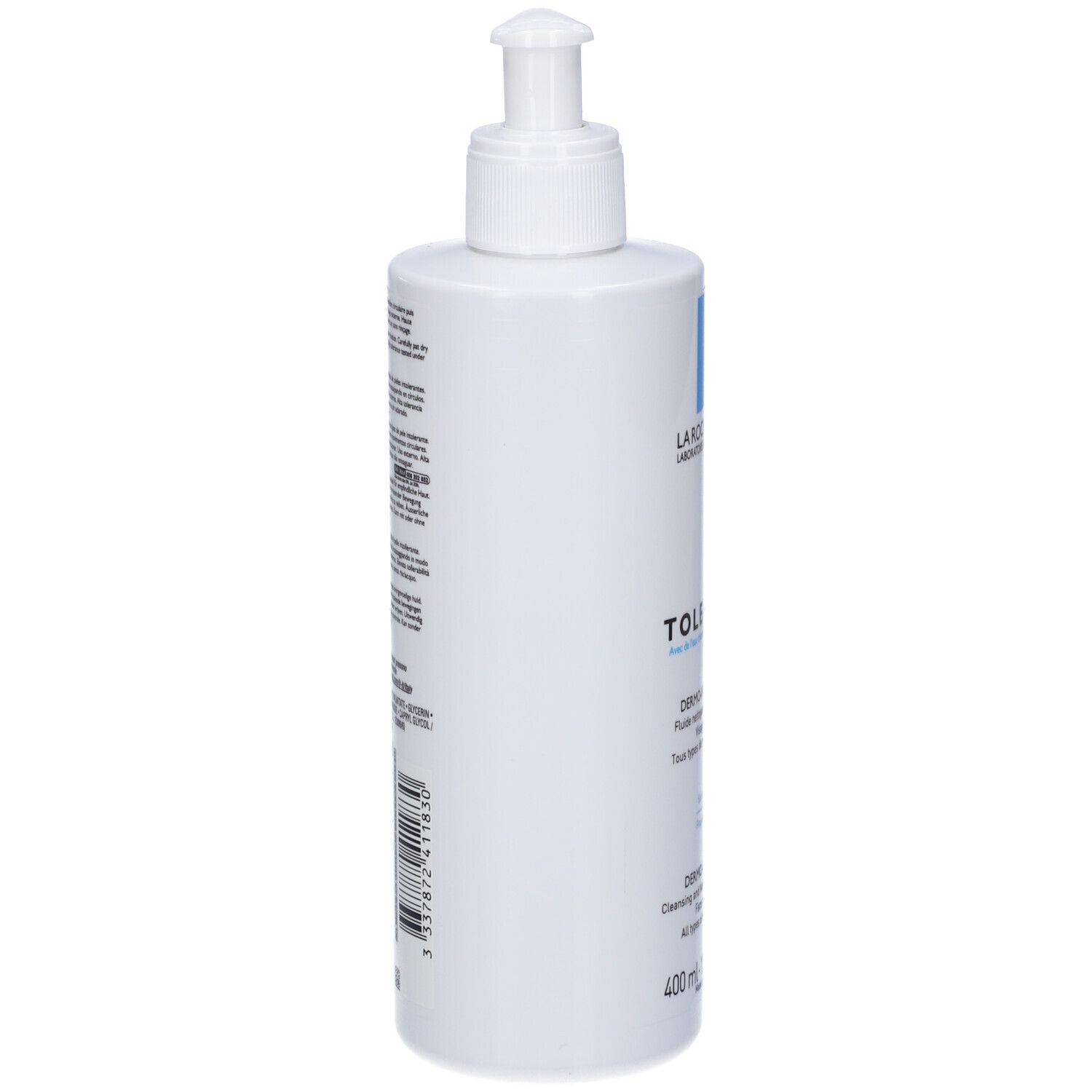 Retro del flacone bianco. Testo multilingue. Scritte: Toleriane Dermo-Nettoyant. 400 ml.
