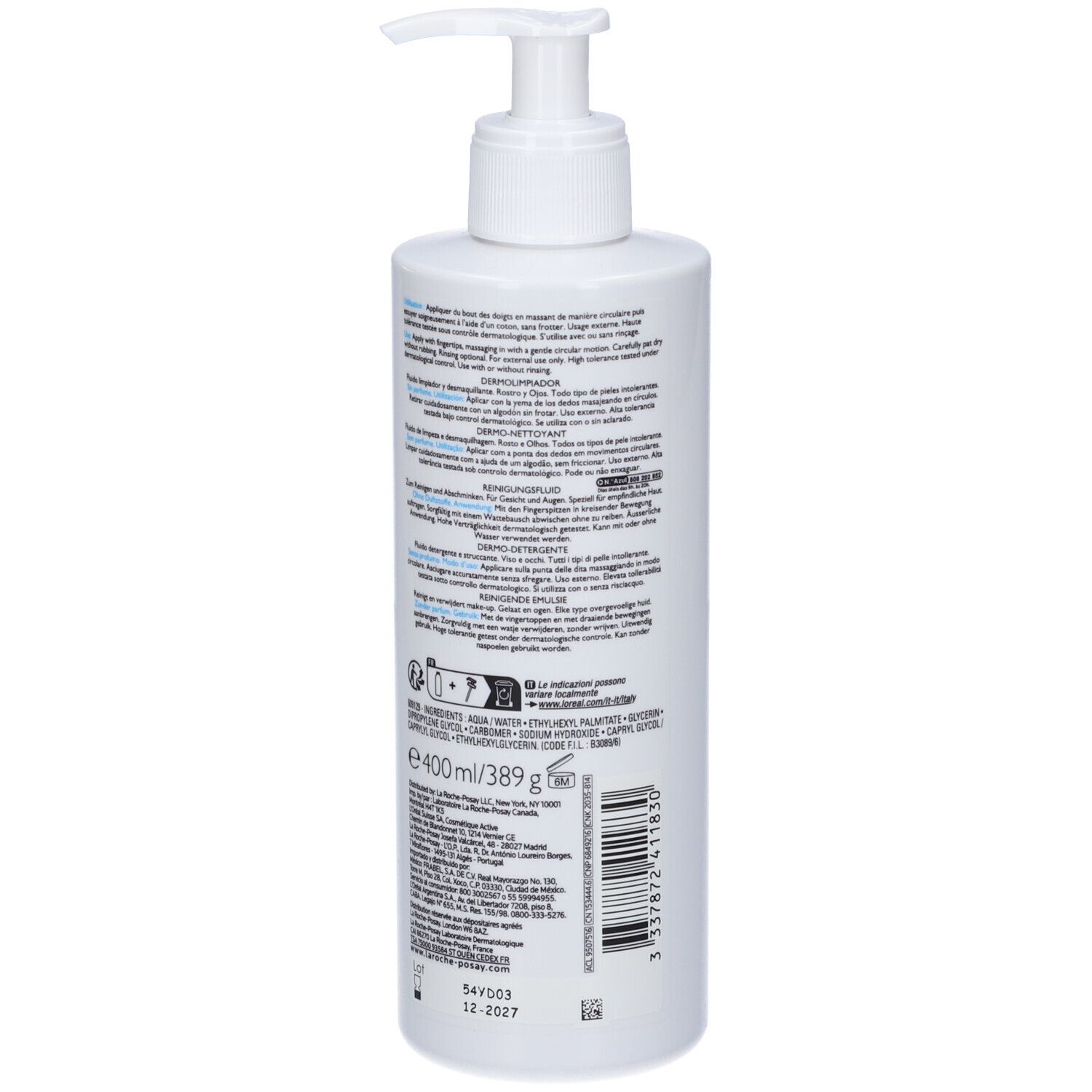 Retro del flacone bianco. Testo multilingue. Scritte: Toleriane Dermo-Nettoyant. 400 ml.