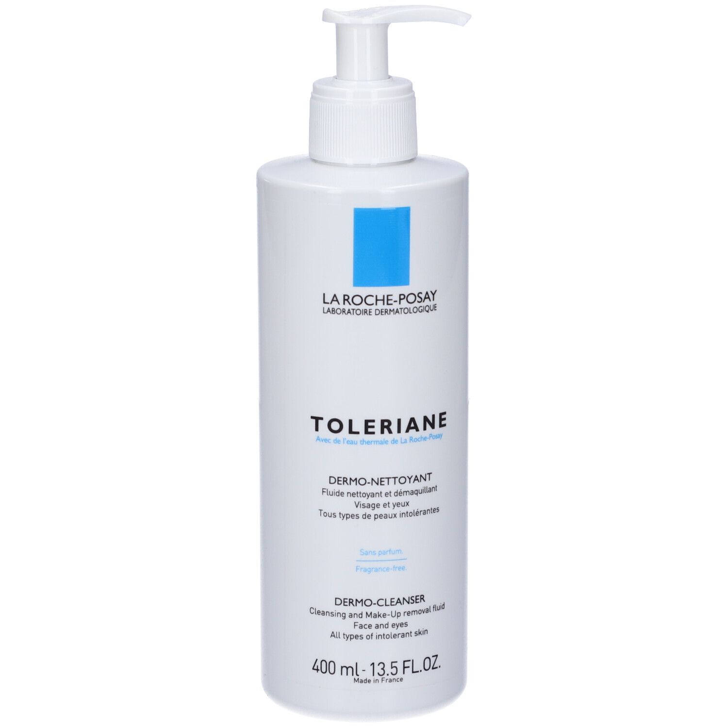 Flacone bianco con quadrato blu. Scritte: LA ROCHE-POSAY, Toleriane, Dermo-Nettoyant. 400 ml.