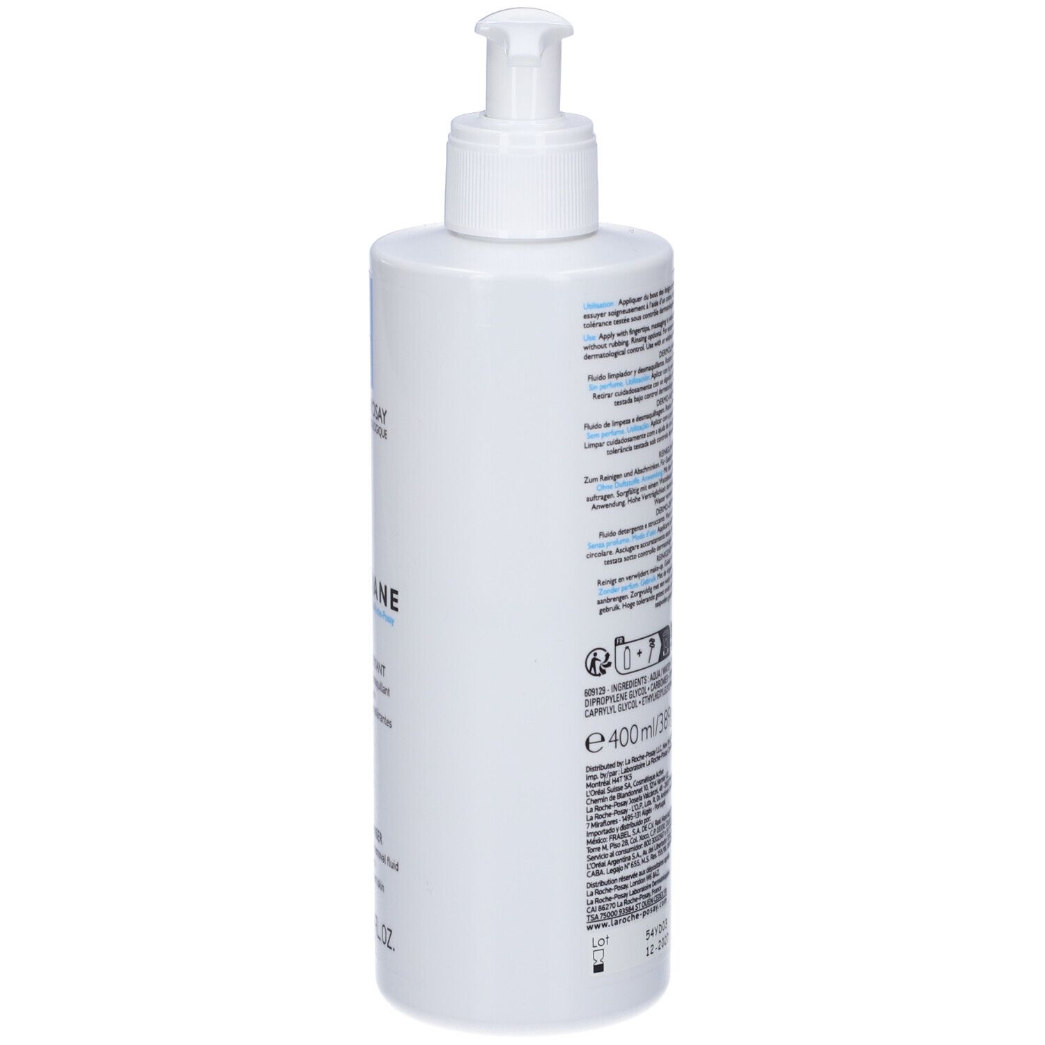 Retro del flacone bianco. Testo multilingue. Scritte: Toleriane Dermo-Nettoyant. 400 ml.