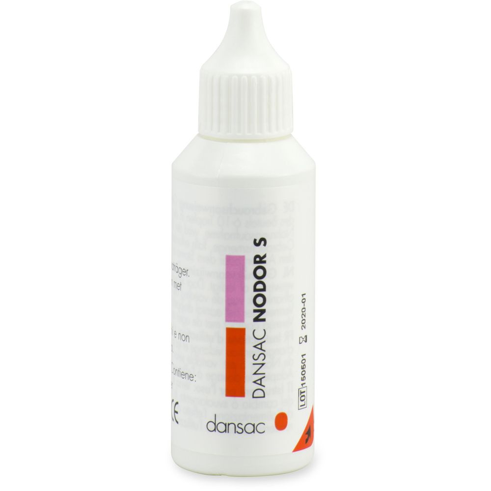 Flacone bianco con contagocce. Scritta DANSAC NODOR S. Striscia colorata con logo. Logo Dansac in basso.