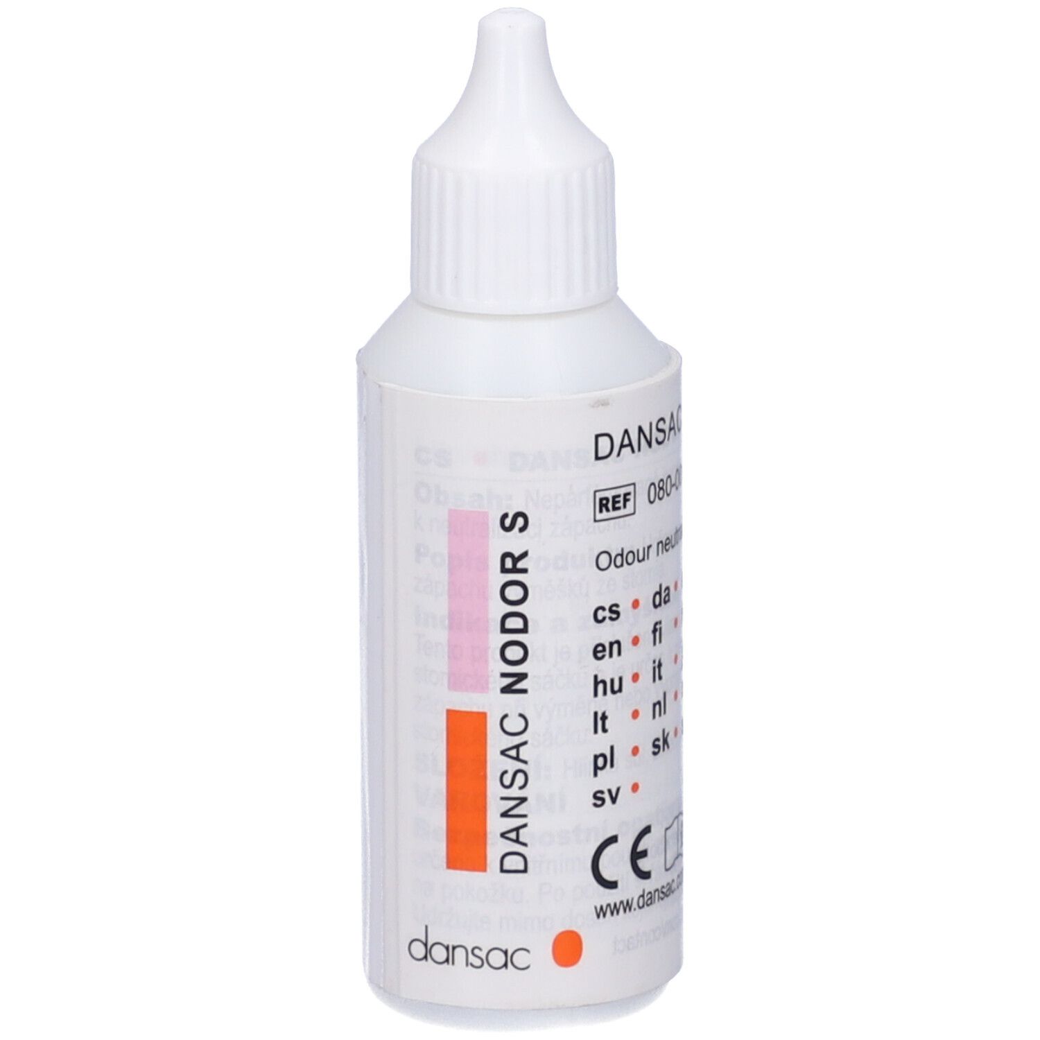 Flacone bianco con contagocce. Scritta DANSAC NODOR S. Indicazioni multilingue. Logo Dansac.