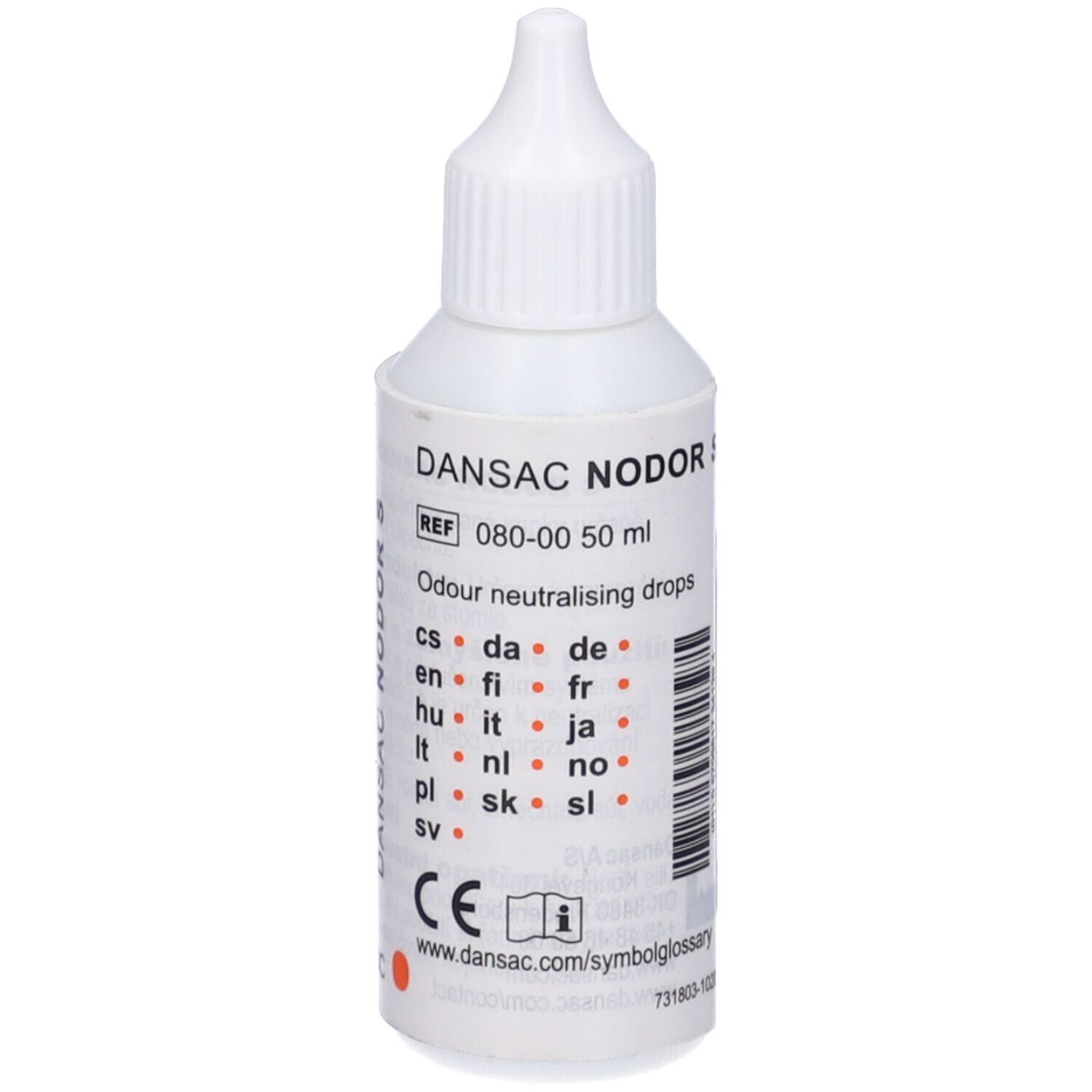 Flacone bianco con contagocce. Scritta DANSAC NODOR S, REF 080-00 50 ml. Indicazioni multilingue.