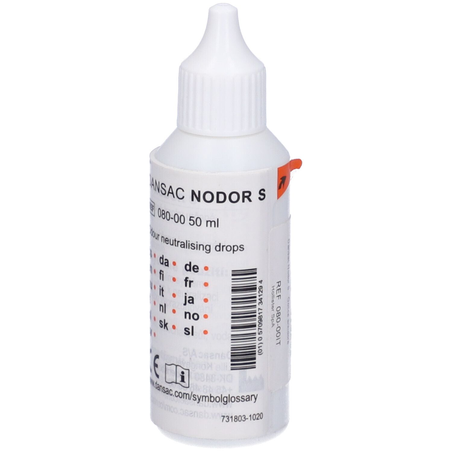 Flacone bianco con contagocce. Scritta DANSAC NODOR S, REF 080-00 50 ml. Codice a barre ed etichetta arancione.