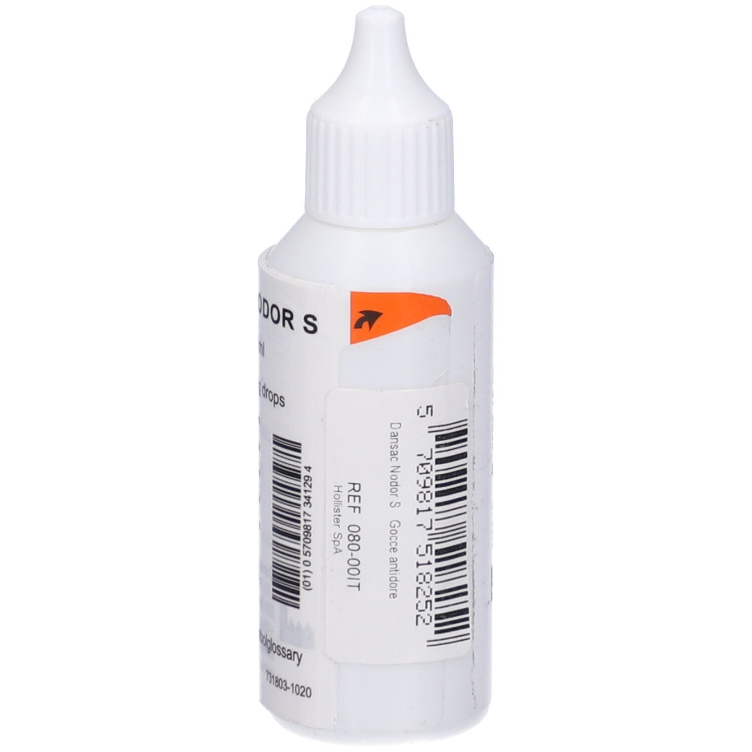 Flacone bianco con contagocce. Scritta DANSAC NODOR S, REF 080-00 001T. Codice a barre ed etichetta arancione.