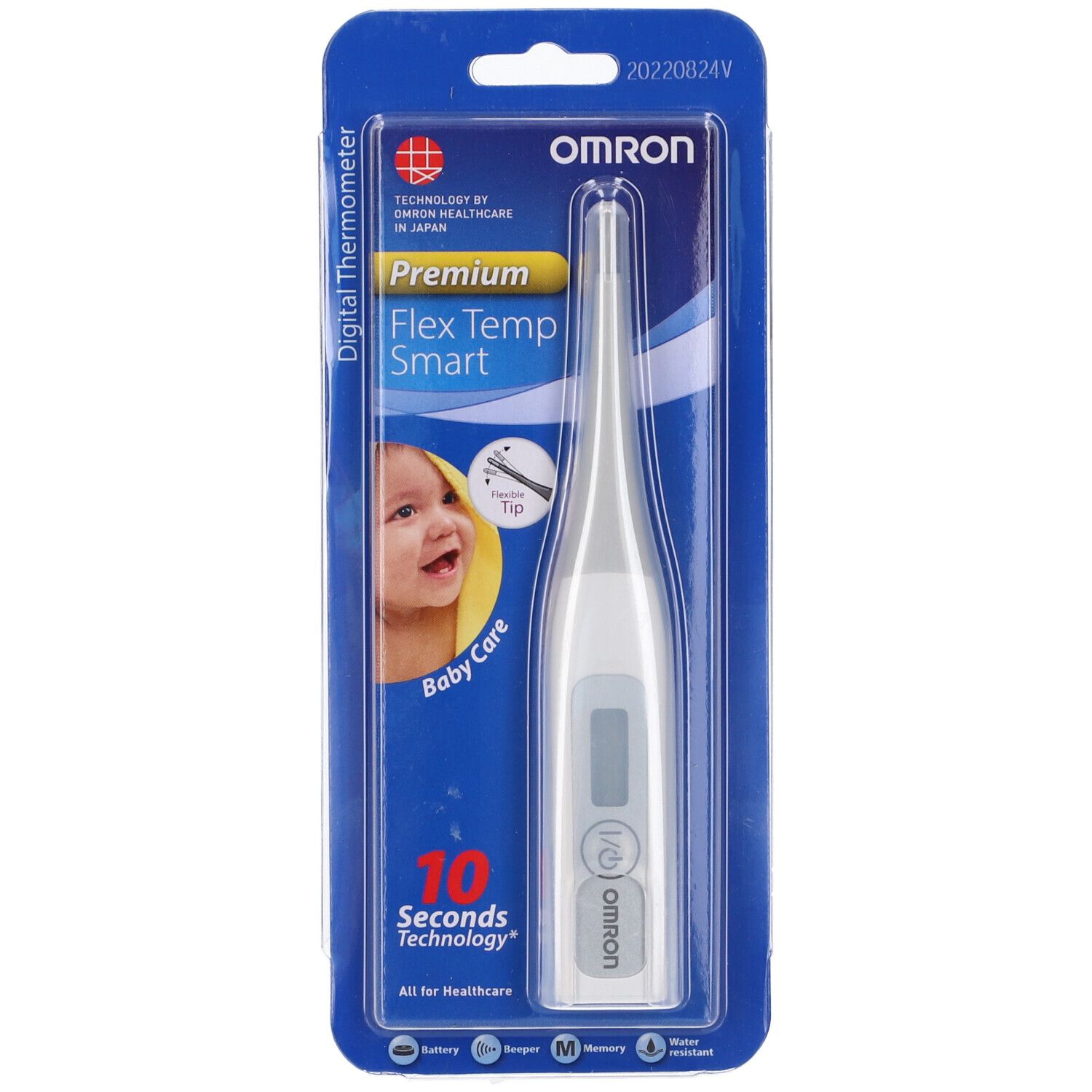 Digitales Thermometer Omron Flex Temp Smart in Blisterverpackung. Weißes Gerät mit Display, Baby-Care-Logo.
