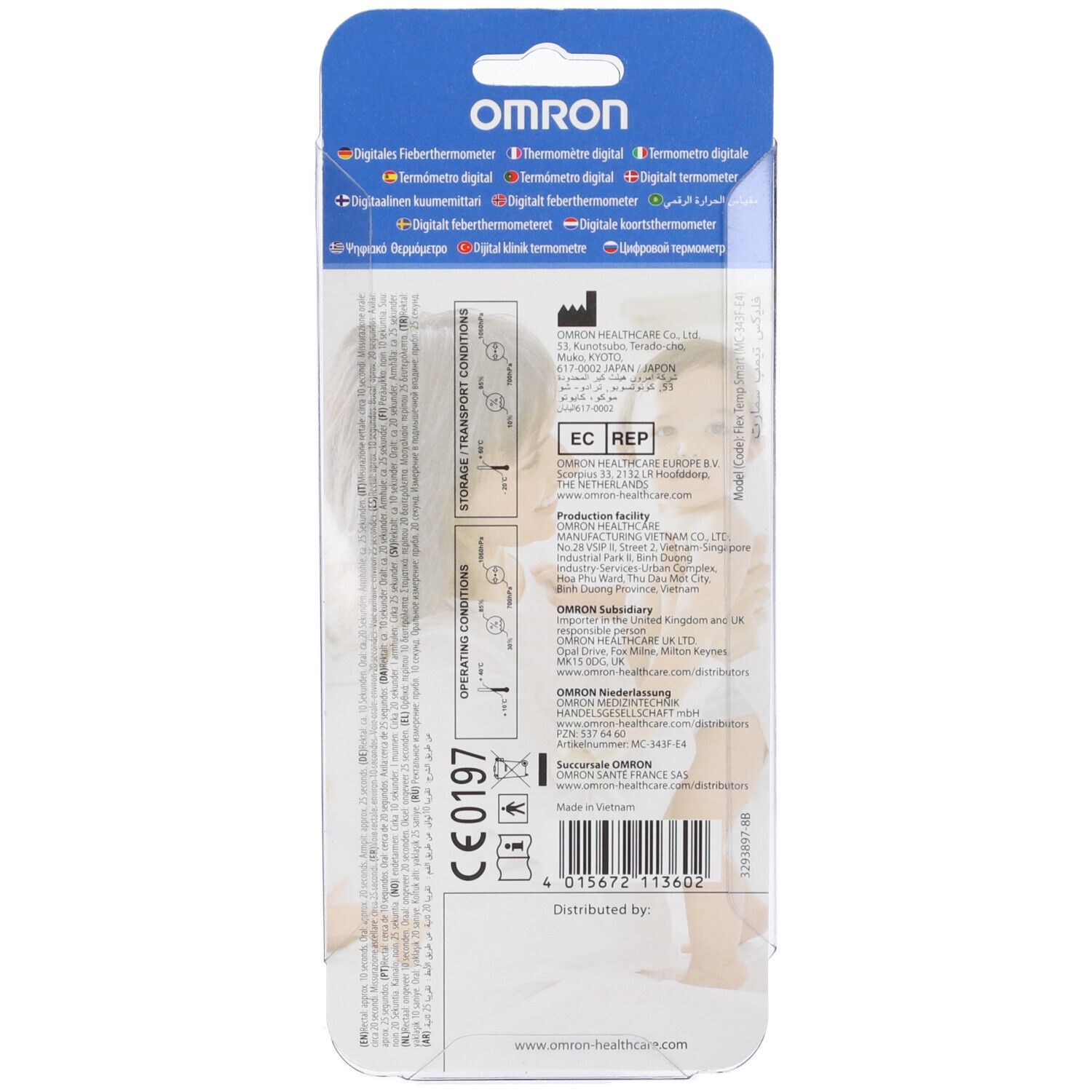 Rückseite der Blisterverpackung des Omron Flex Temp Smart. Mehrsprachige Texte, CE-Kennzeichnung, Herstellerinformationen.