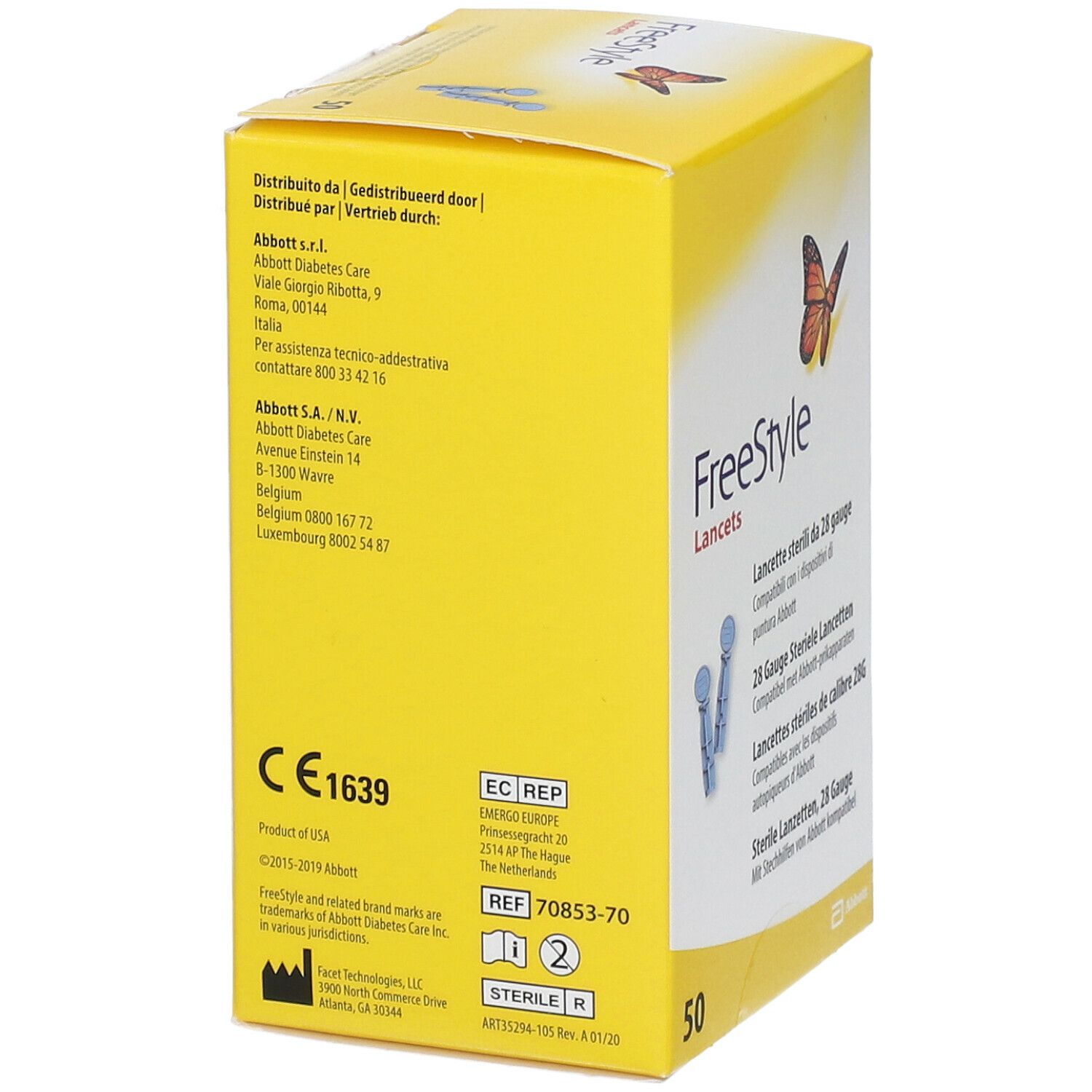 Retro della confezione gialla Freestyle Lancets. Contiene informazioni sul produttore e certificazioni.