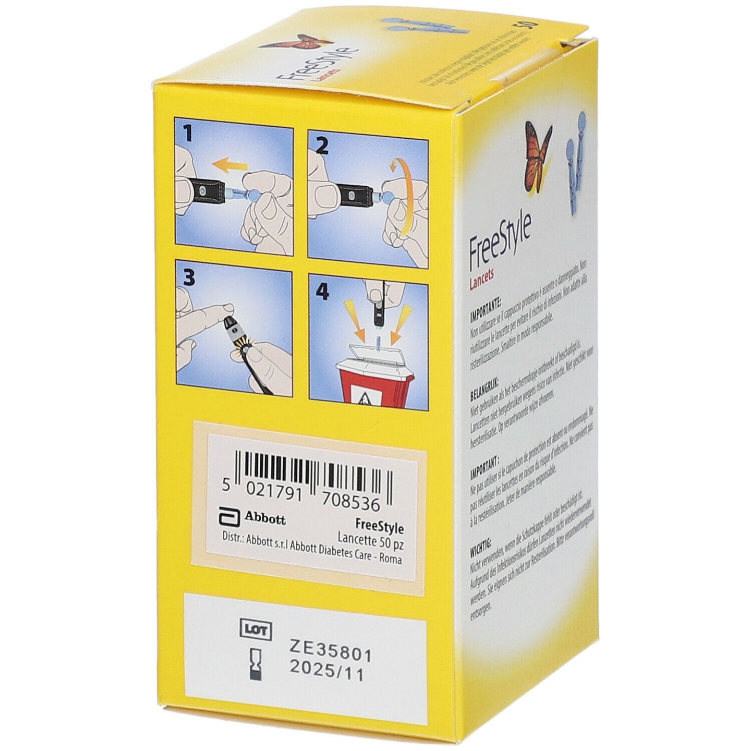 Confezione gialla Freestyle Lancets con illustrazioni d'uso. Codice a barre e numero di lotto.