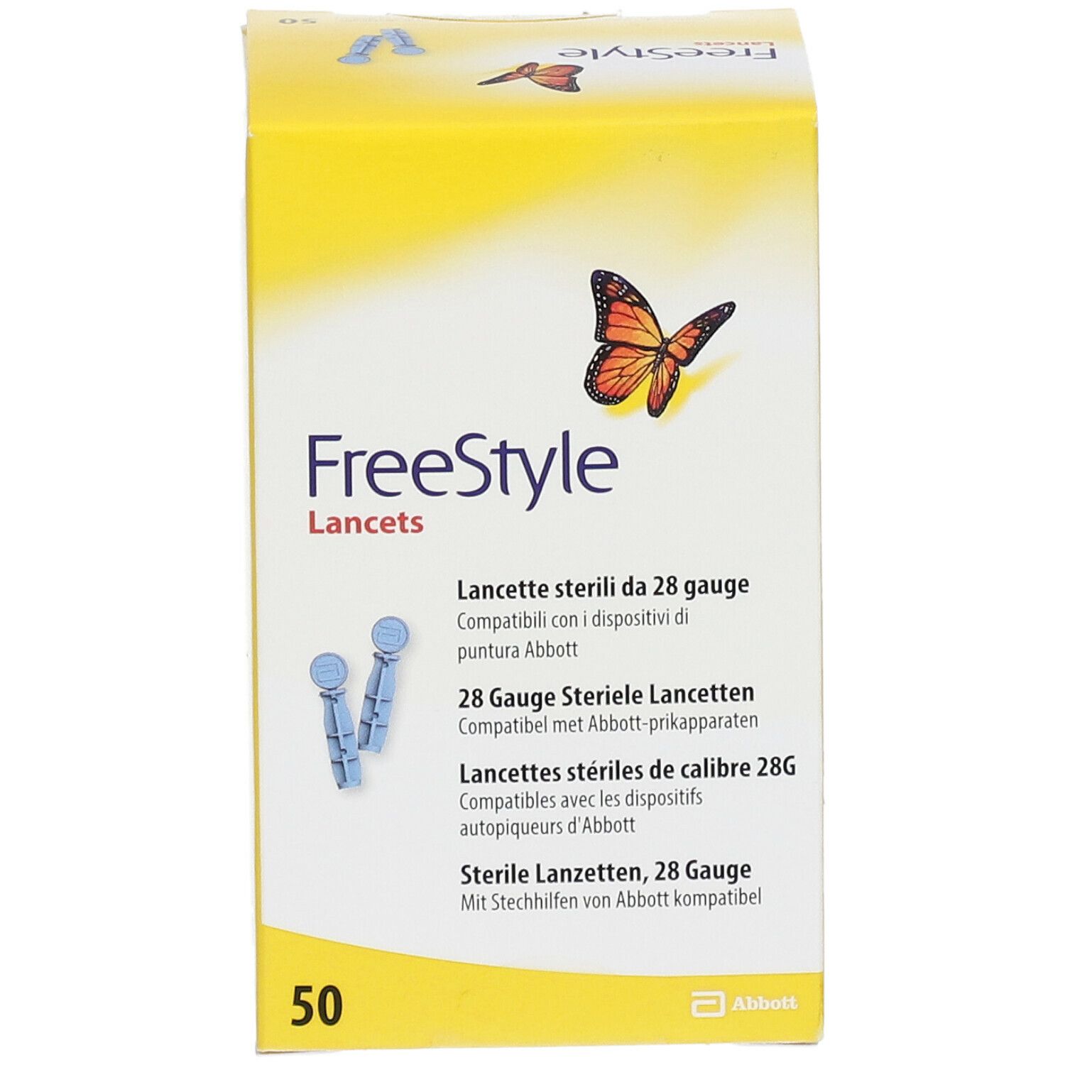 Confezione gialla Freestyle Lancets con informazioni sul prodotto e farfalla. 50 pezzi.