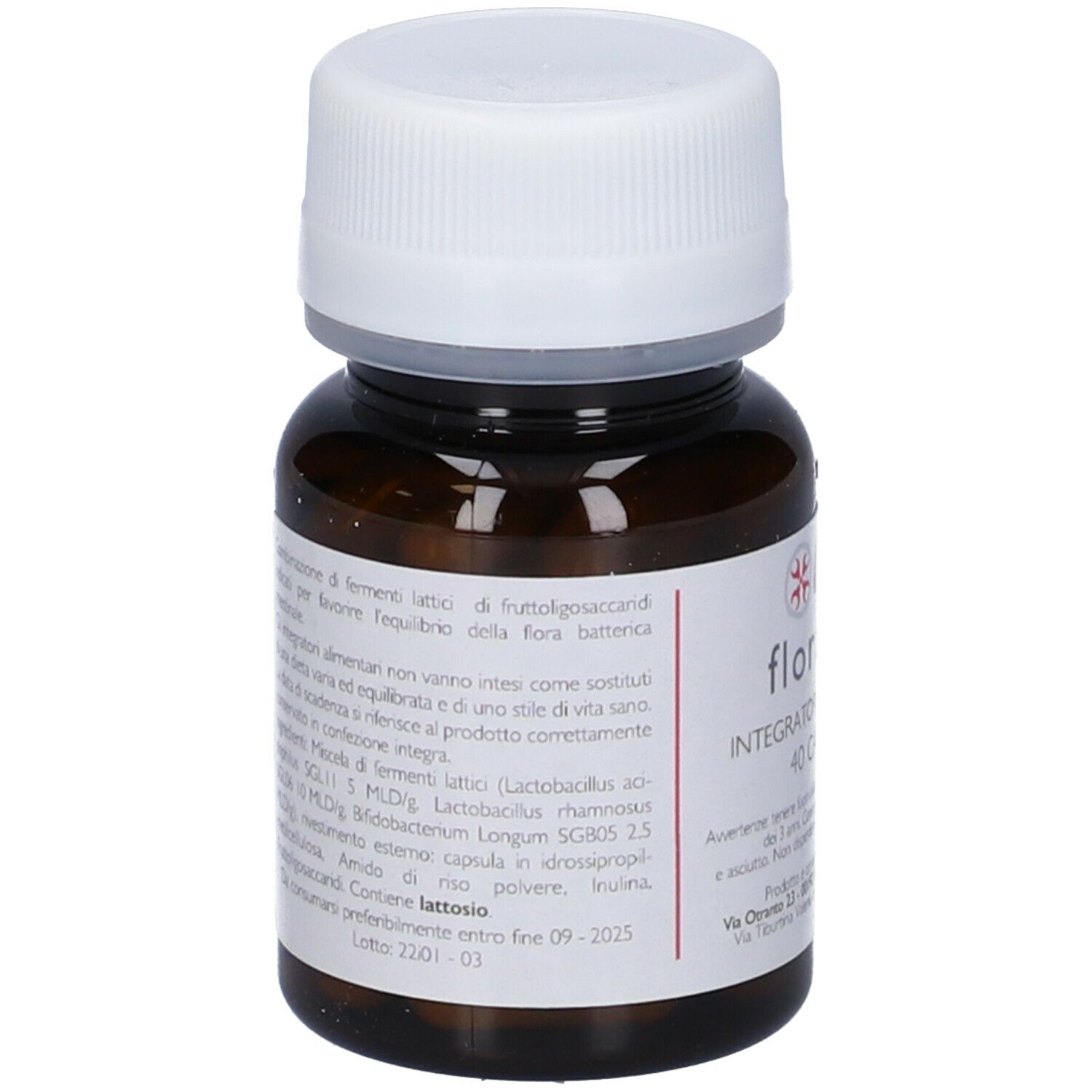 Flacone di vetro marrone, tappo bianco. Scritta: flora.mu, 40 capsule. Ingredienti e informazioni sul retro.