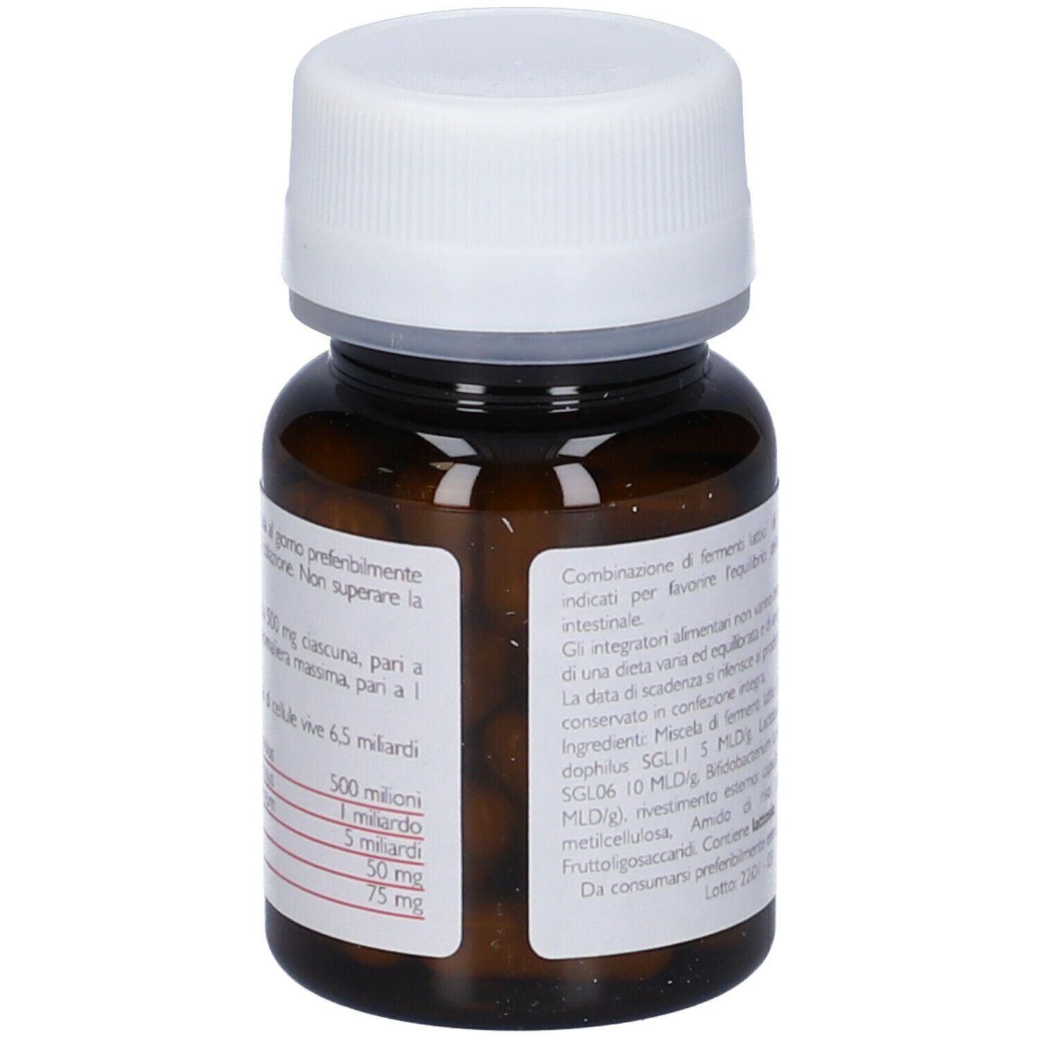 Flacone di vetro marrone, tappo bianco. Scritta: flora.mu, 40 capsule. Ingredienti e informazioni sul retro.