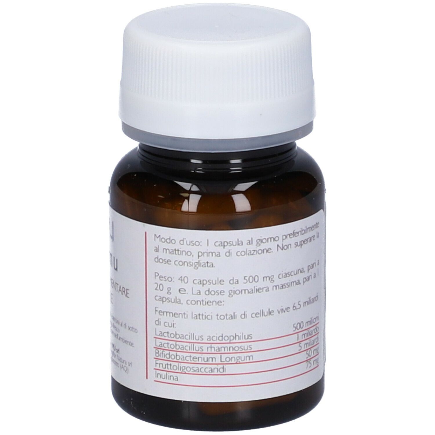 Flacone di vetro marrone, tappo bianco. Scritta: flora.mu, 40 capsule. Ingredienti e informazioni sul retro.