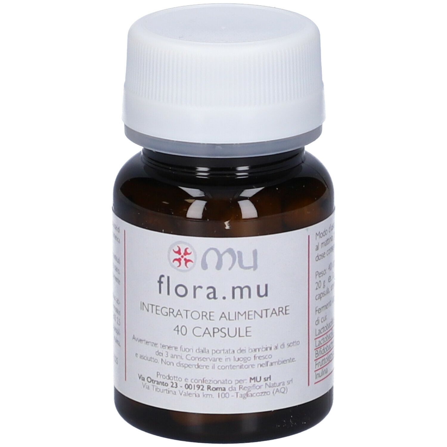 Flacone di vetro marrone, tappo bianco. Scritta: flora.mu, 40 capsule. Ingredienti e informazioni sul retro.