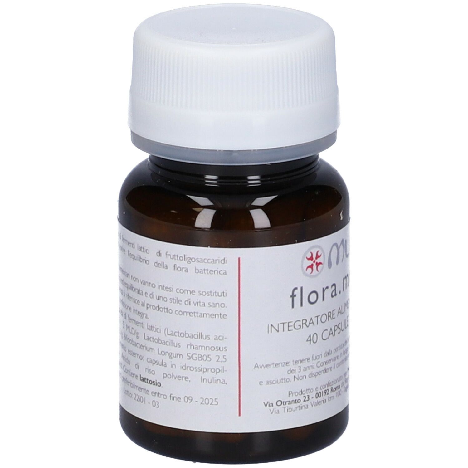 Flacone di vetro marrone, tappo bianco. Scritta: flora.mu, 40 capsule. Ingredienti e informazioni sul retro.