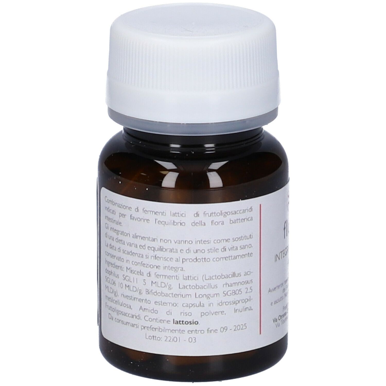 Flacone di vetro marrone, tappo bianco. Scritta: flora.mu, 40 capsule. Ingredienti e informazioni sul retro.