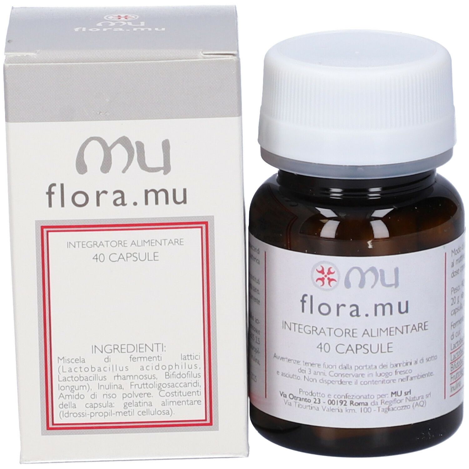 Flacone di vetro marrone, tappo bianco e scatola. Scritta: flora.mu, 40 capsule. Ingredienti sulla scatola.