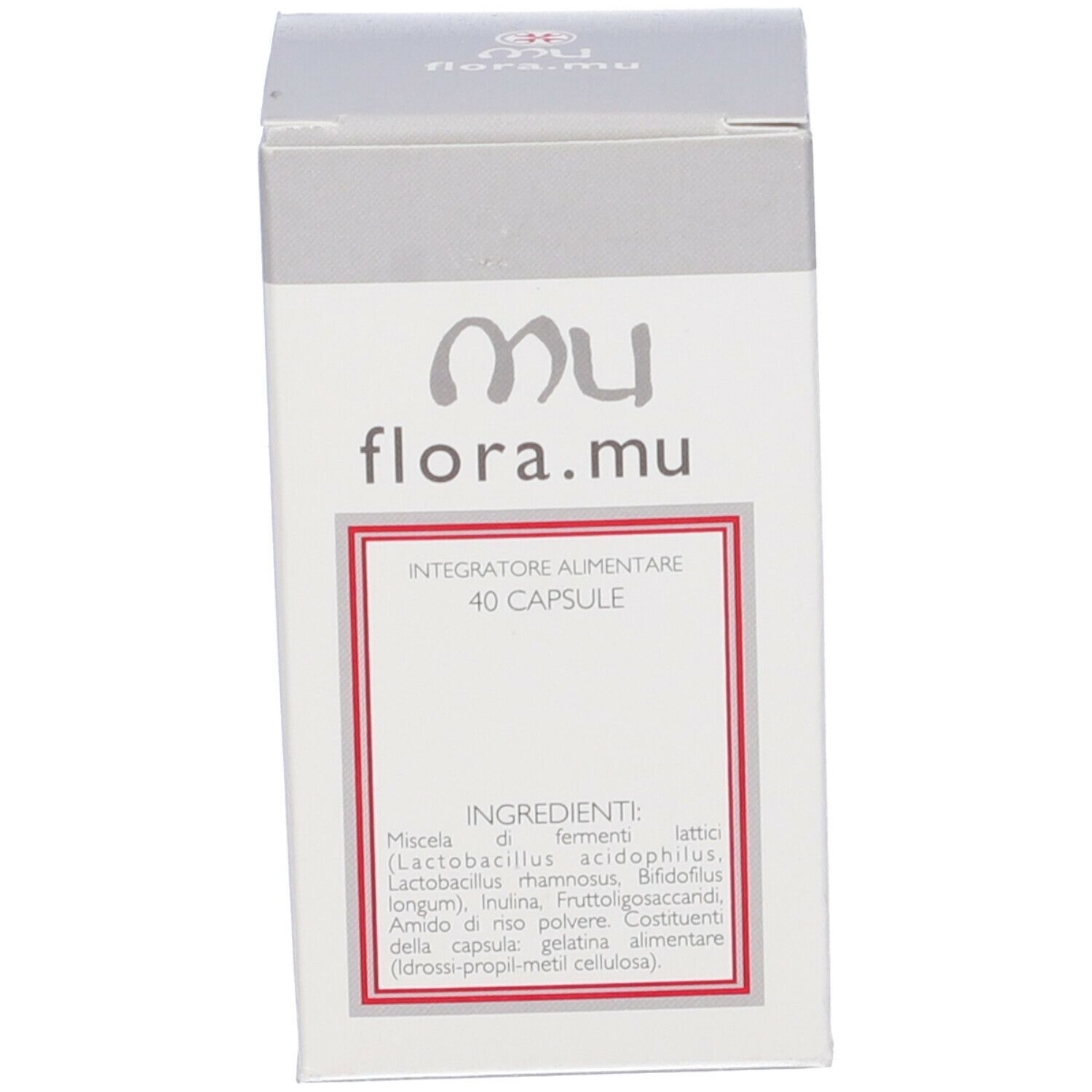 Scatola con scritta: flora.mu, 40 capsule. Ingredienti e informazioni sulla scatola.