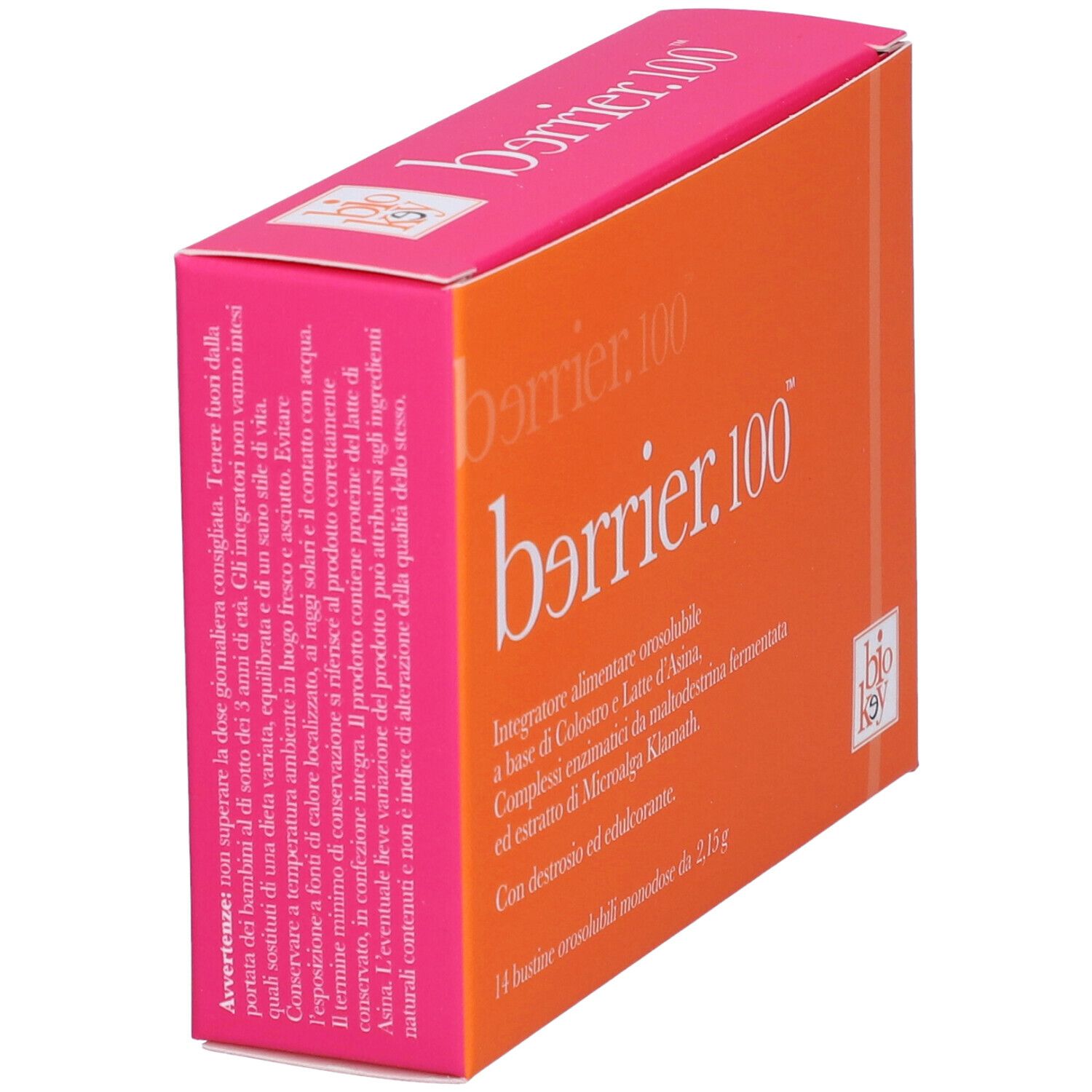 Scatola, arancione con coperchio rosa. Nome del prodotto e testo. Logo 'bio key'.