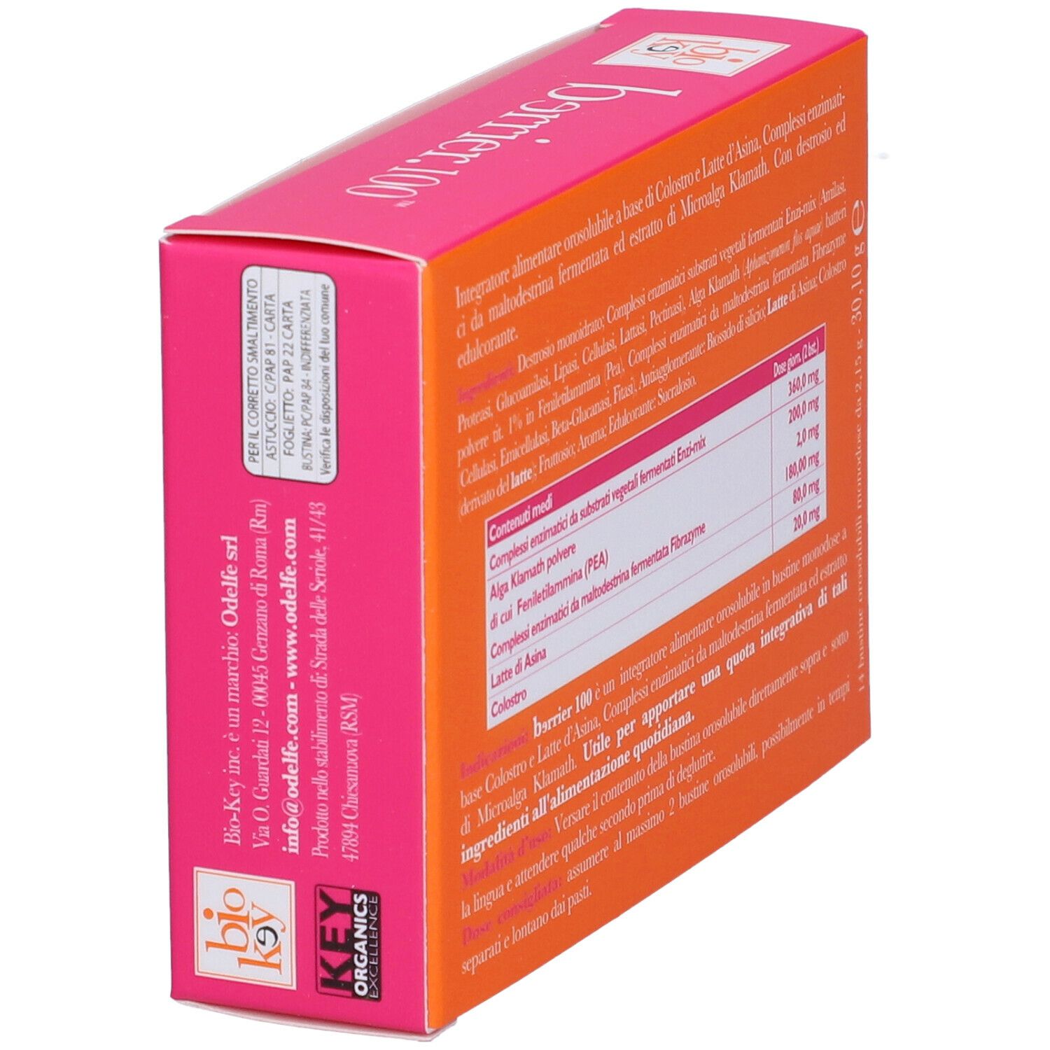 Scatola, arancione con coperchio rosa. Testo e logo 'bio key'.
