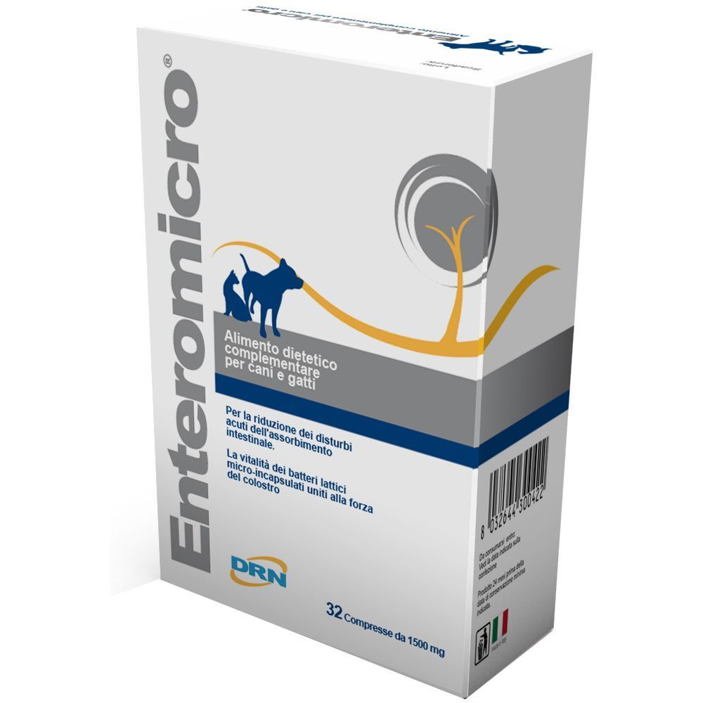 Boîte blanche Enteromicro pour chiens et chats. Contient 32 comprimés. Logo avec chien et chat. Drapeau italien.