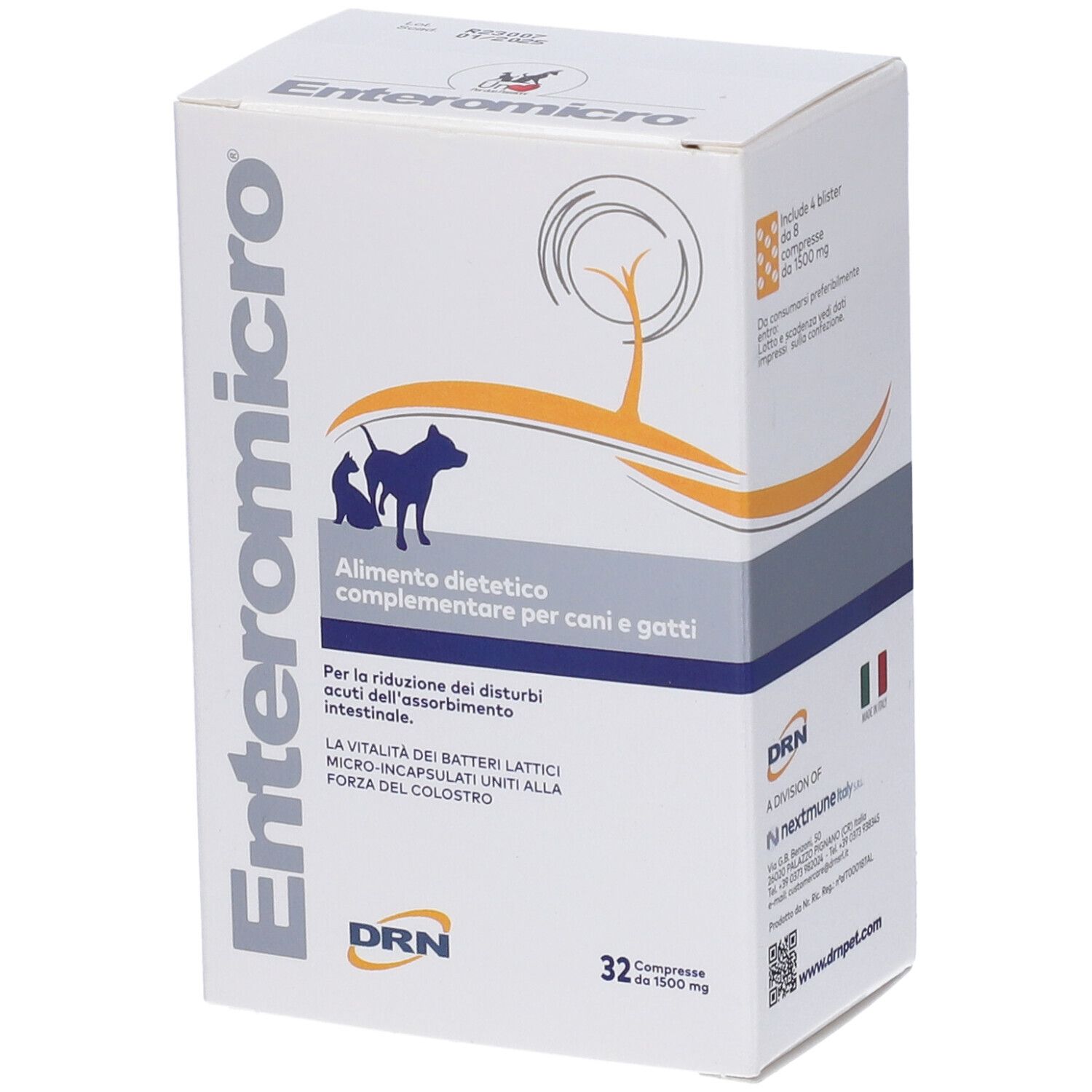 Boîte blanche Enteromicro avec logo et nom du produit. Contient 32 comprimés. Texte en italien. Logo DRN.