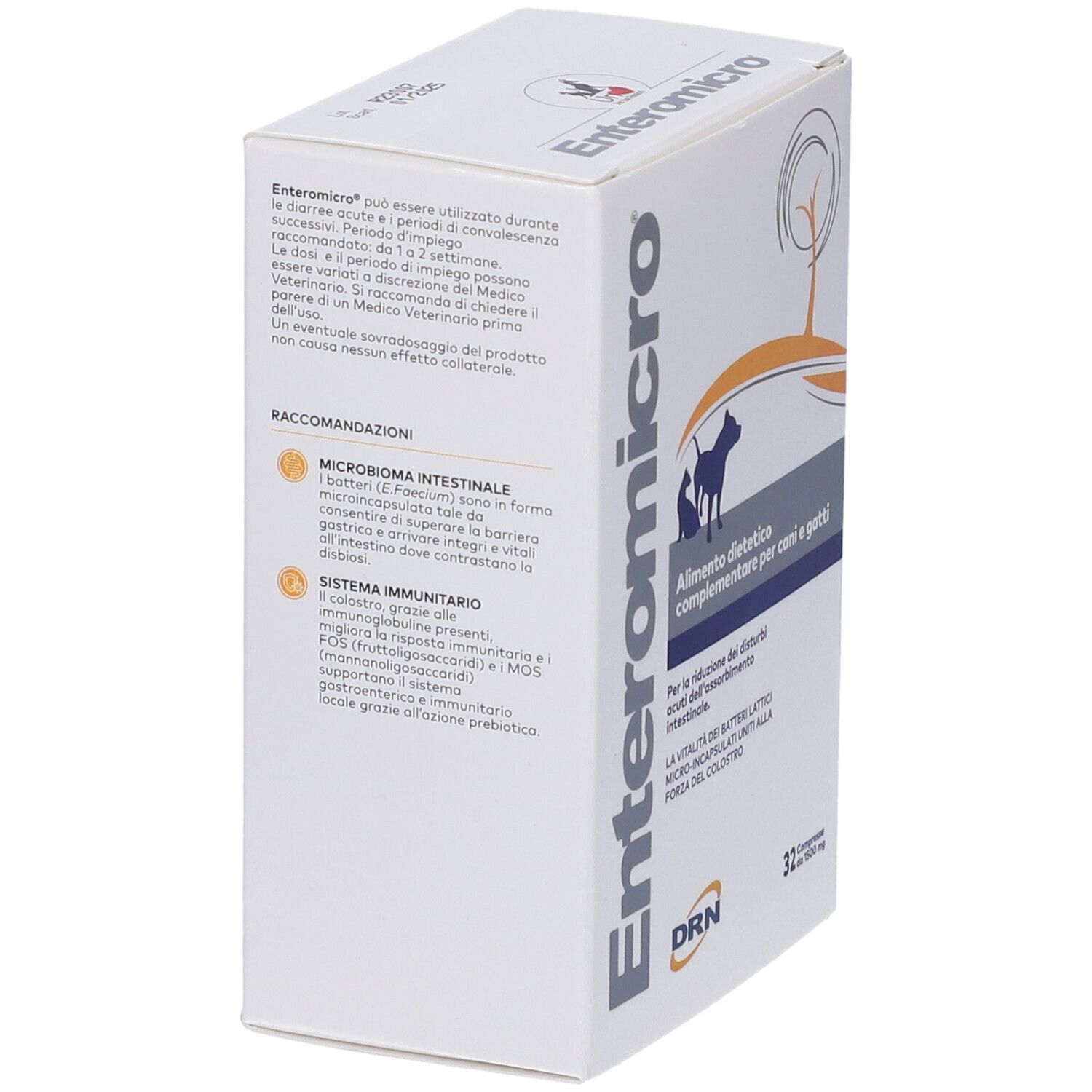 Boîte blanche Enteromicro avec logo et nom du produit. Texte en italien. Informations d'utilisation. Logo DRN.