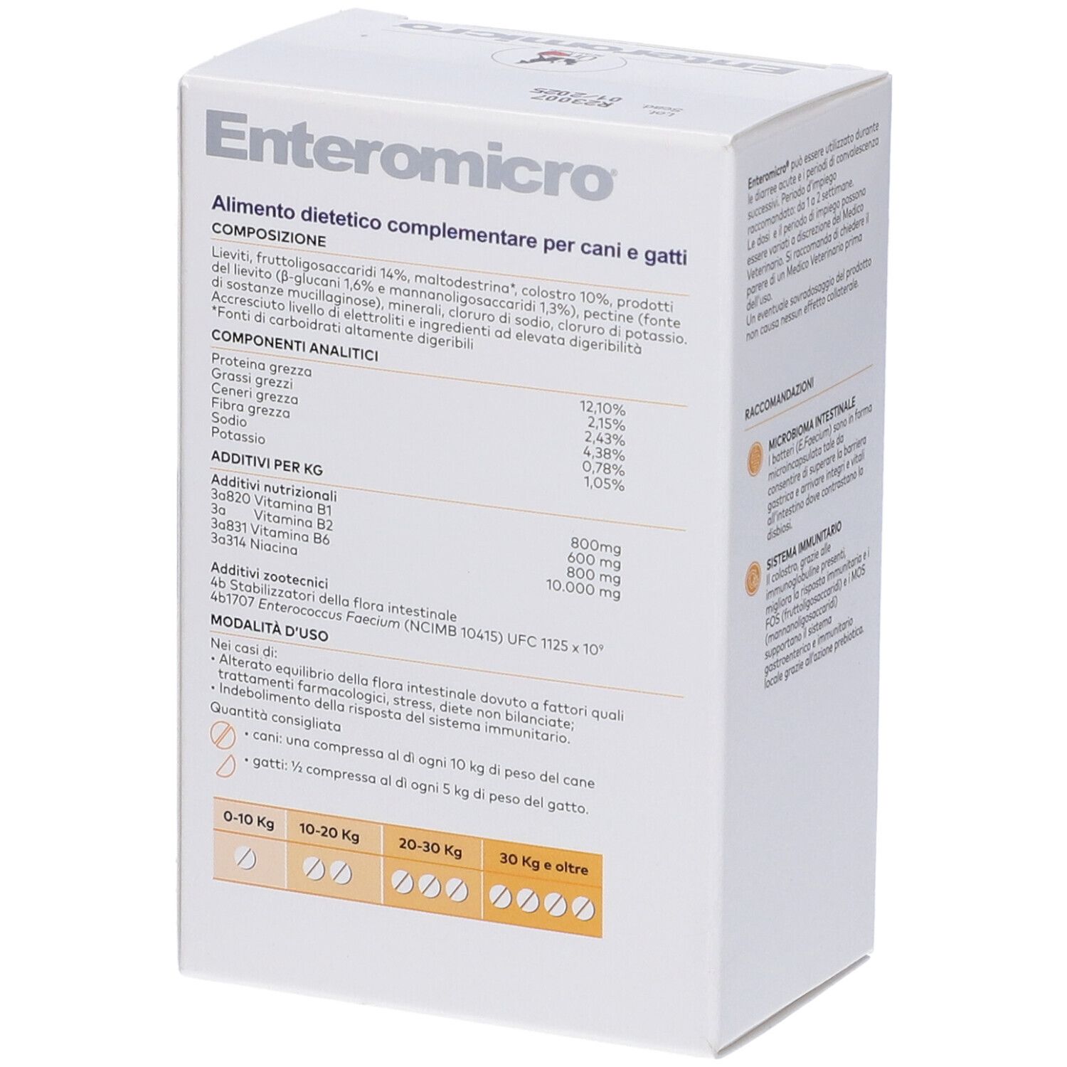 Boîte blanche Enteromicro avec logo et nom du produit. Ingrédients et analyse. Recommandations de dosage. Logo DRN.