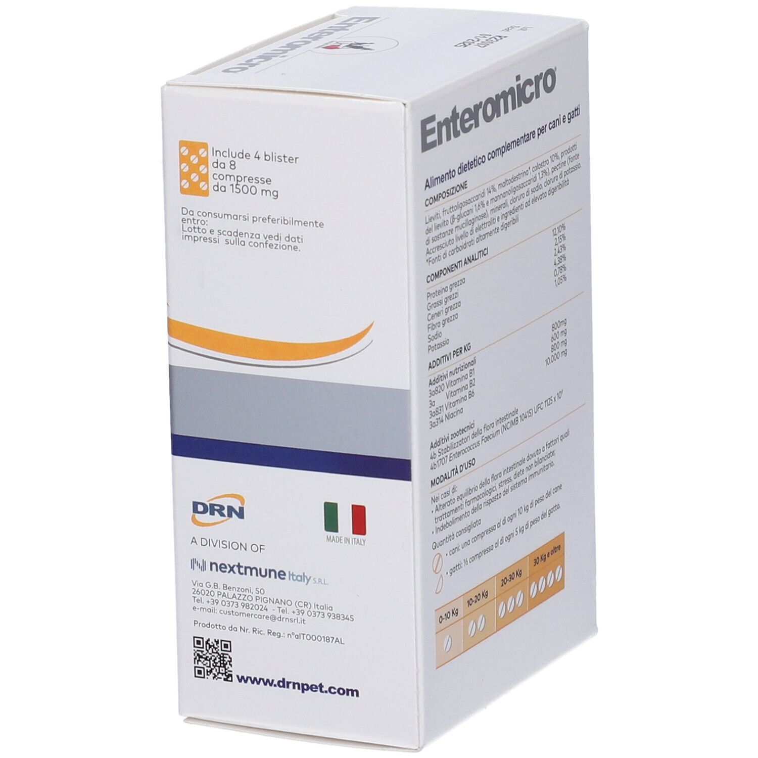 Boîte blanche Enteromicro avec logo et nom du produit. Contient 8 blisters de comprimés. Texte en italien. Logo DRN.