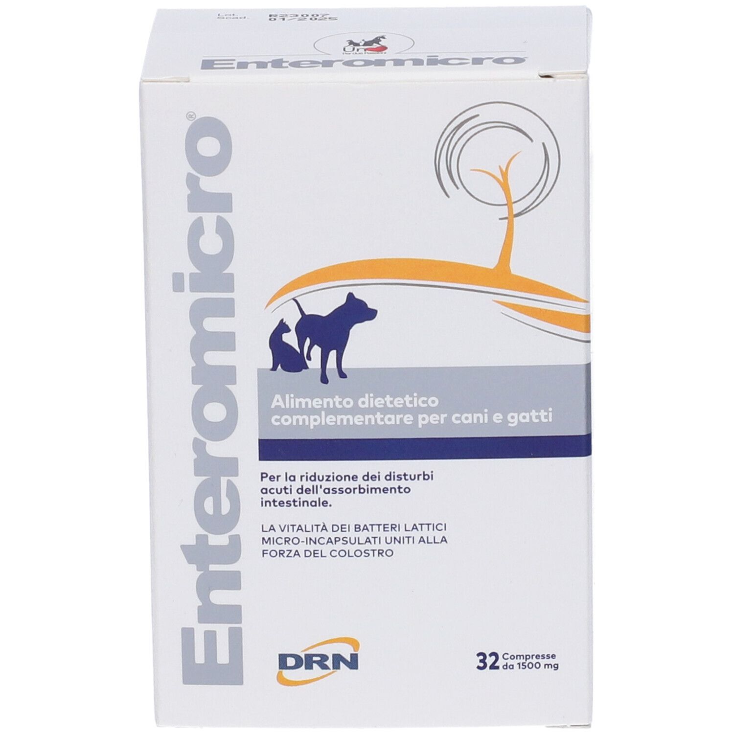 Boîte blanche Enteromicro avec logo et nom du produit. Contient 32 comprimés. Texte en italien. Logo DRN.