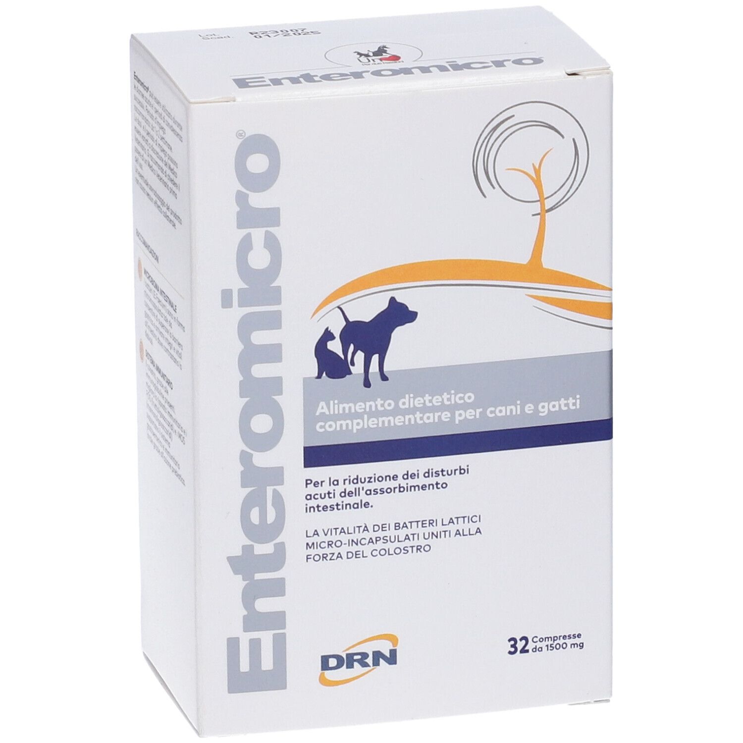 Boîte blanche Enteromicro avec logo et nom du produit. Contient 32 comprimés. Texte en italien. Logo DRN.