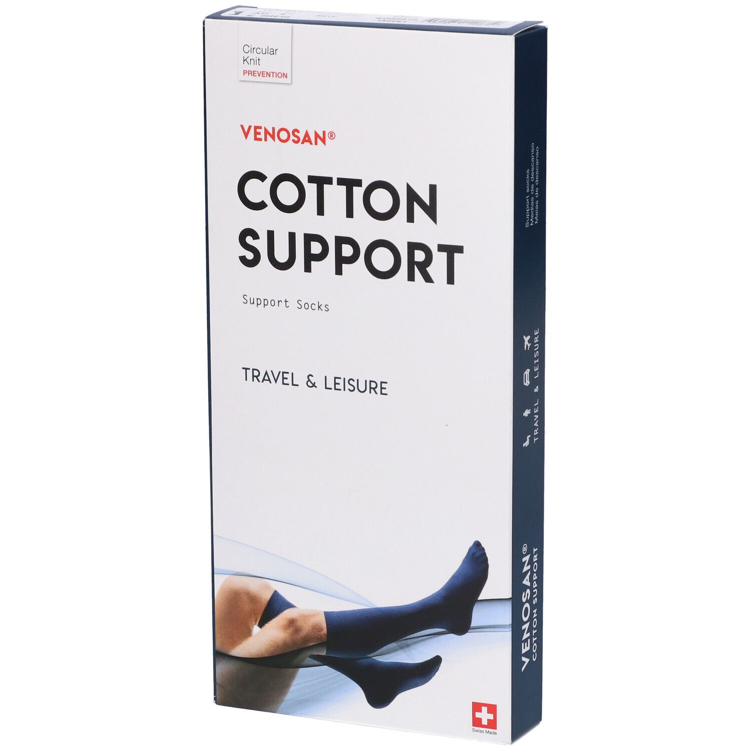 Confezione Venosan Cotton Support. Calze di supporto blu, illustrazione di una persona con calze. Croce svizzera.