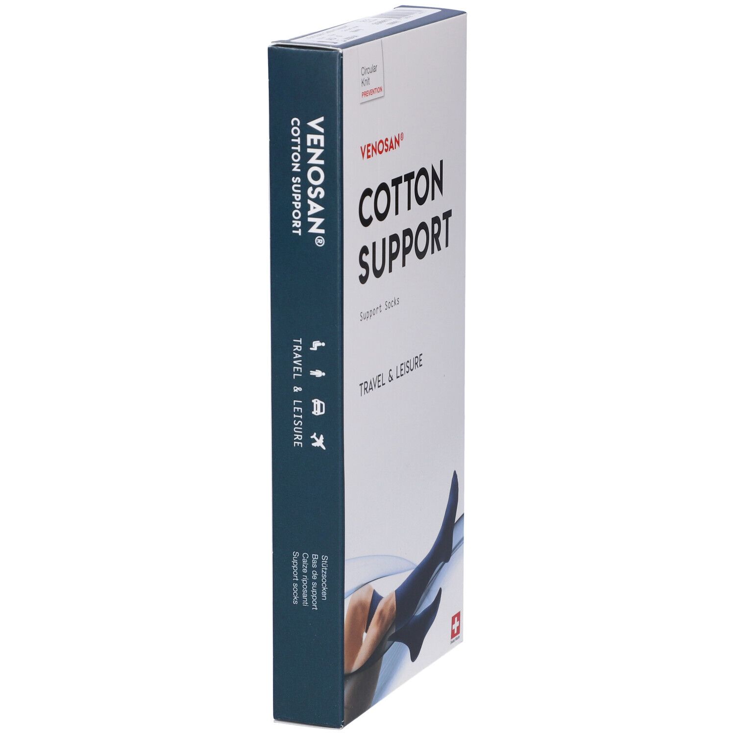 Confezione Venosan Cotton Support. Calze di supporto blu, illustrazione di una persona con calze. Croce svizzera.