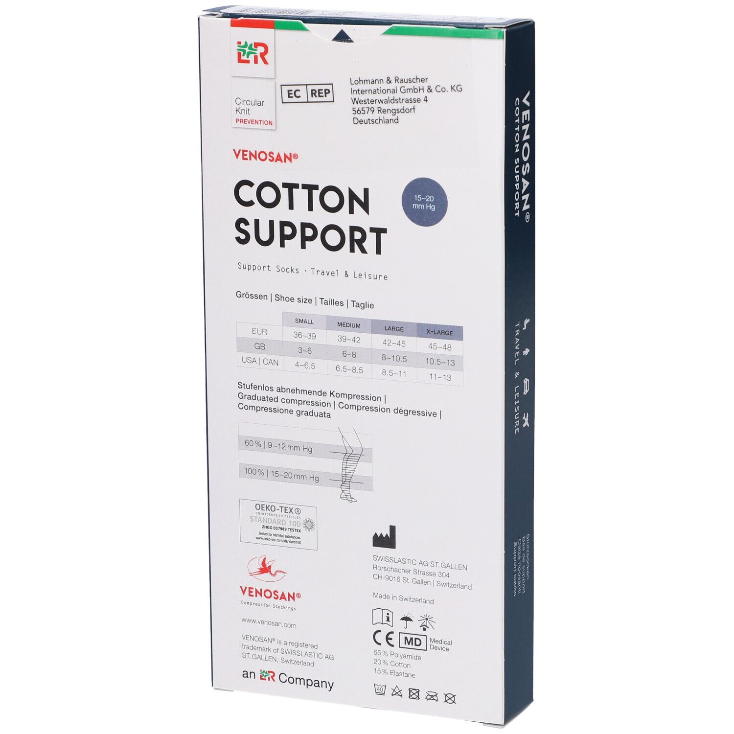 Confezione Venosan Cotton Support. Informazioni sul prodotto, tabella taglie, indicazioni di compressione. Croce svizzera.