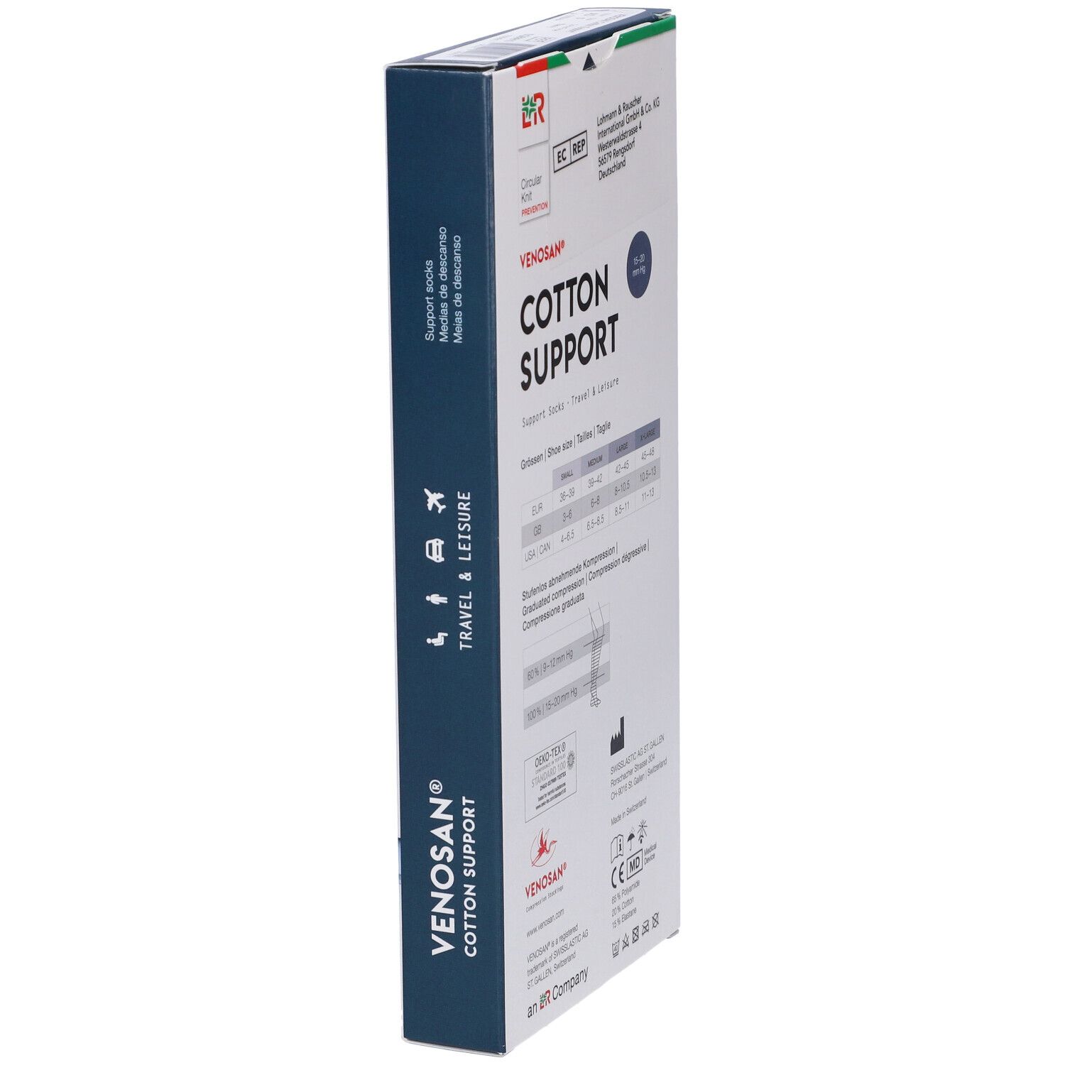 Confezione Venosan Cotton Support. Informazioni sul prodotto, tabella taglie, indicazioni di compressione. Croce svizzera.