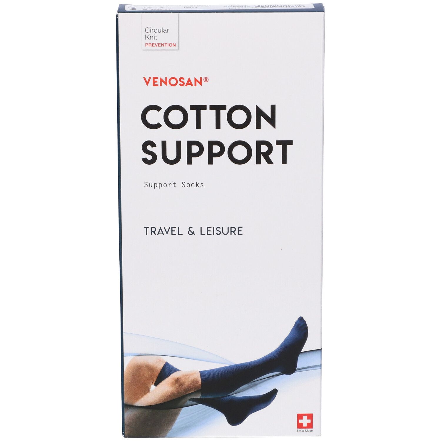 Confezione Venosan Cotton Support. Calze di supporto blu, illustrazione di una persona con calze. Croce svizzera.