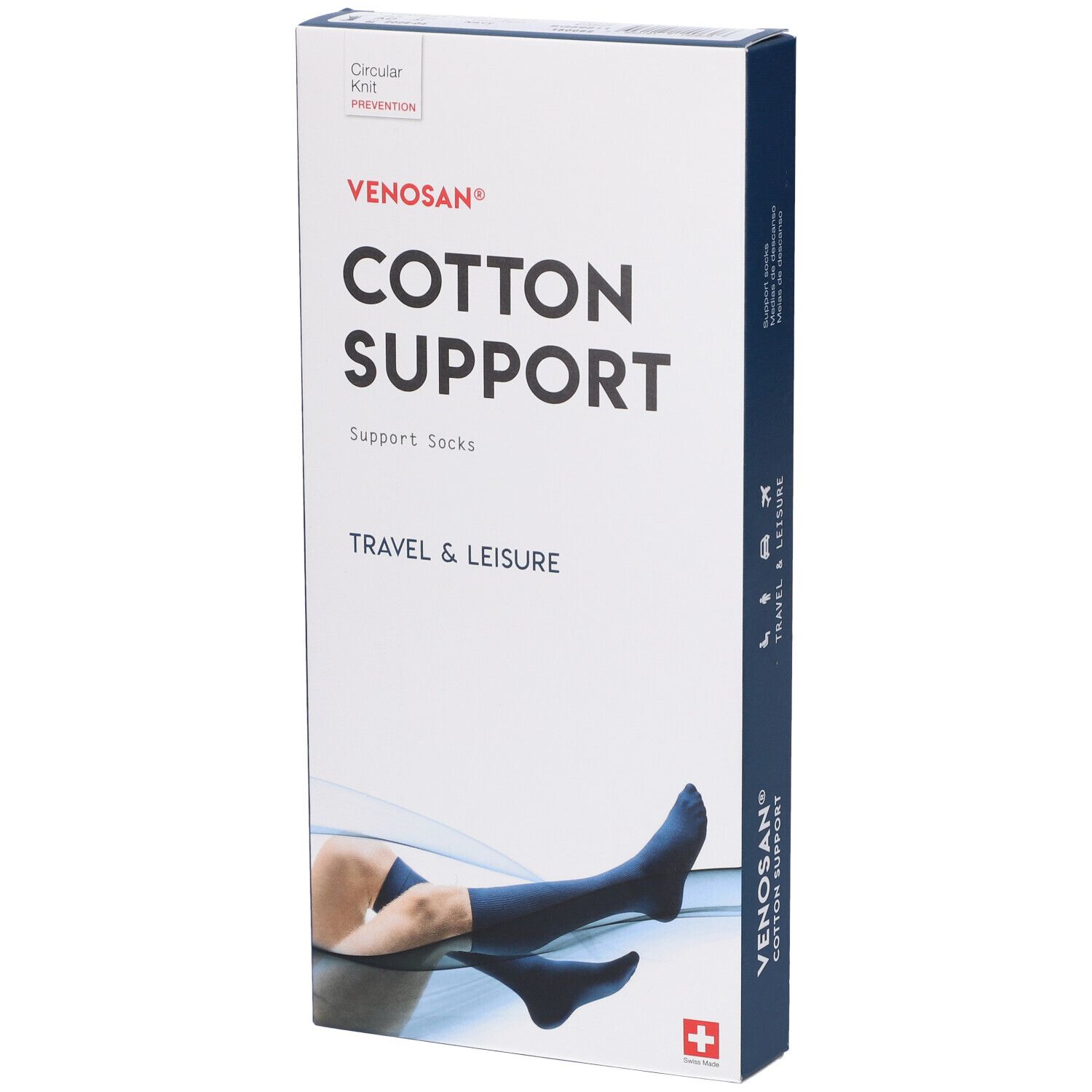 Scatola Venosan Cotton Support. Calze di supporto blu, raffigurate su una persona. Croce svizzera.